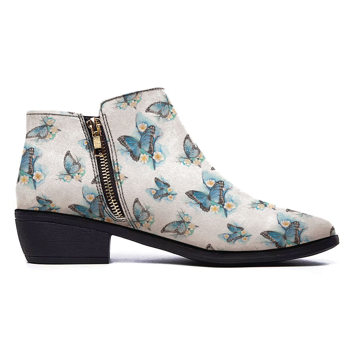 Blue Butterfly Blossom Print Pattern Ankle Boots-grizzshop
