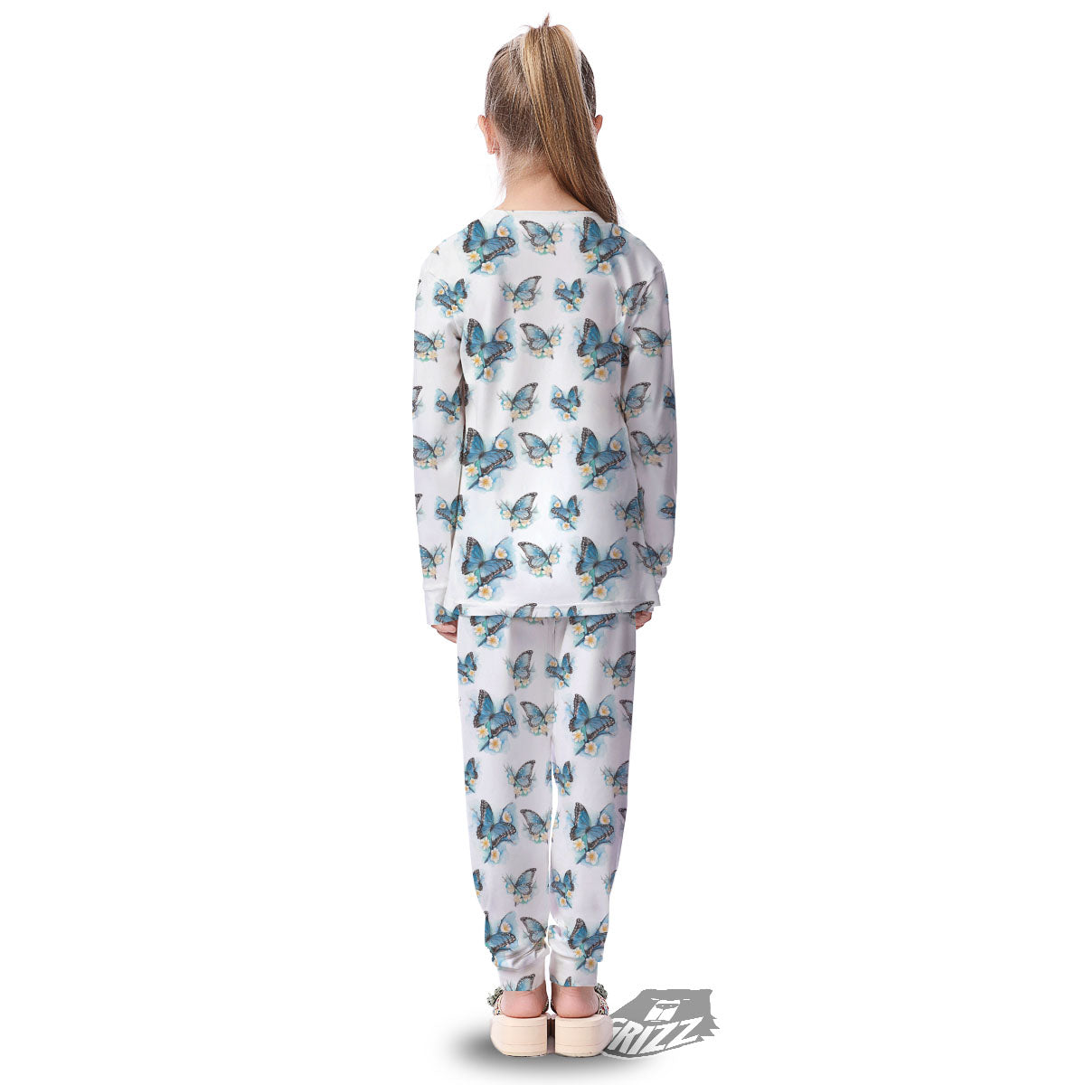 Blue Butterfly Blossom Print Pattern Kid's Pajamas-grizzshop