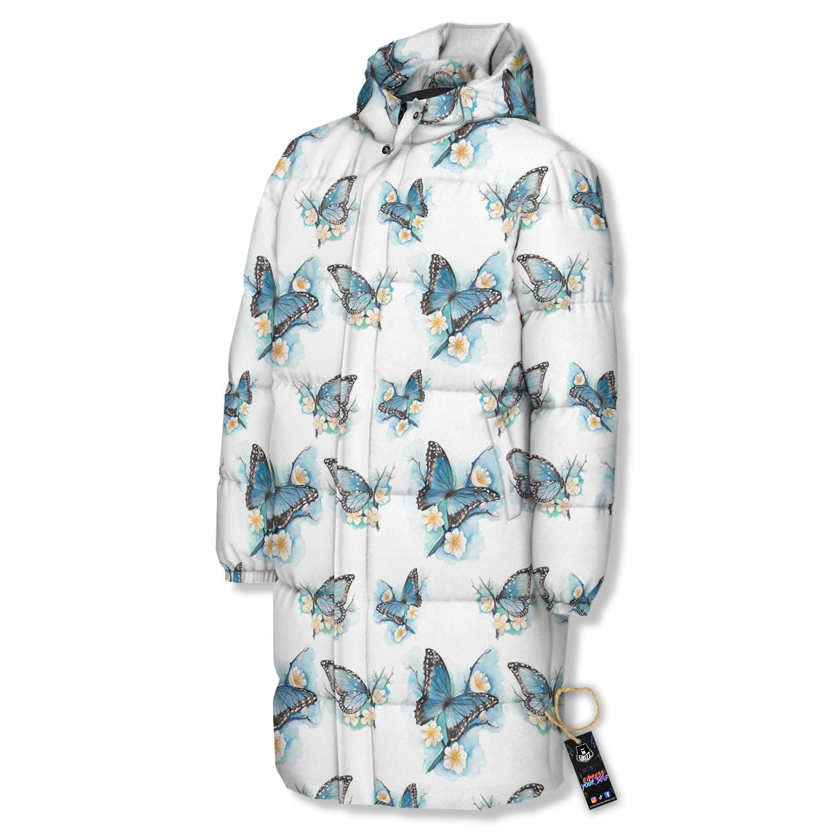 Blue Butterfly Blossom Print Pattern Long Down Jacket-grizzshop