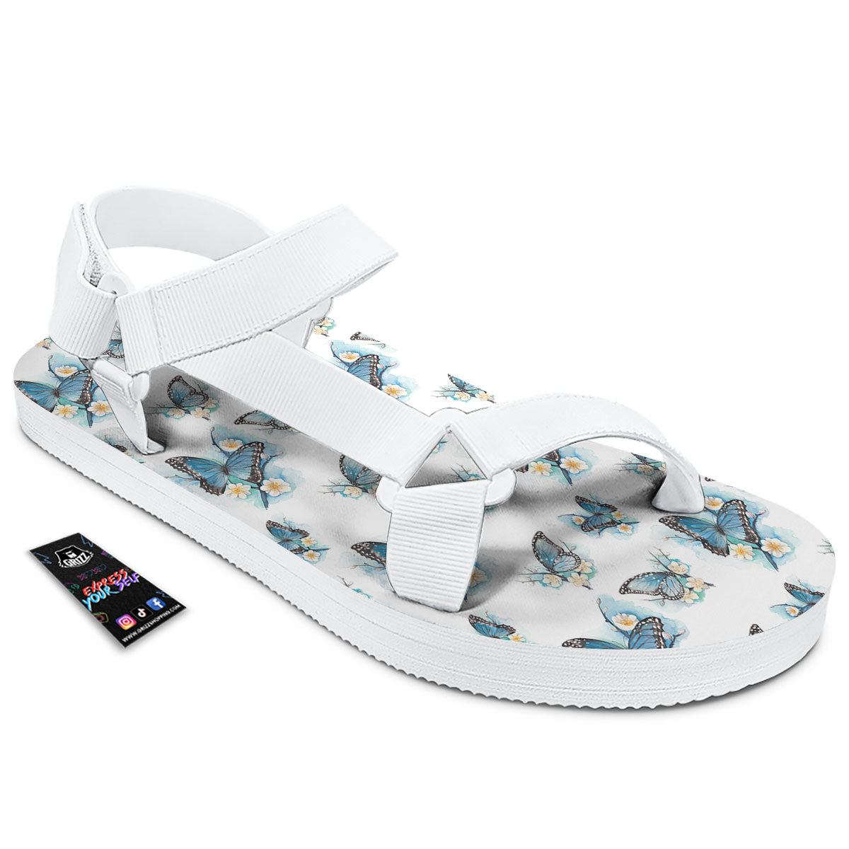 Blue Butterfly Blossom Print Pattern White Open Toe Sandals-grizzshop