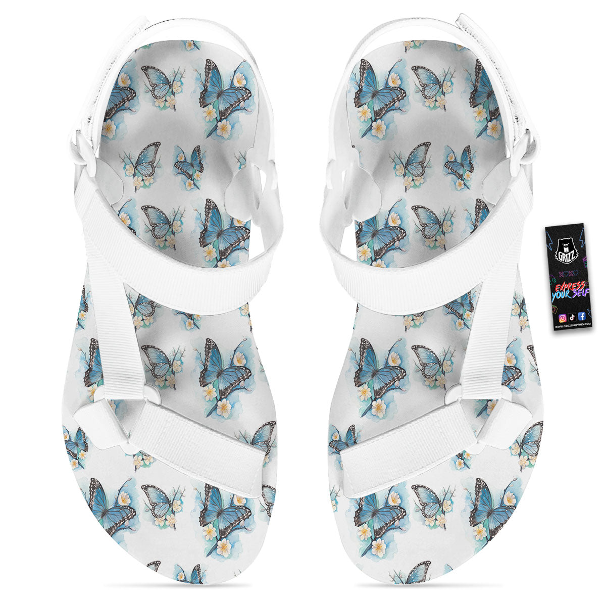 Blue Butterfly Blossom Print Pattern White Open Toe Sandals-grizzshop
