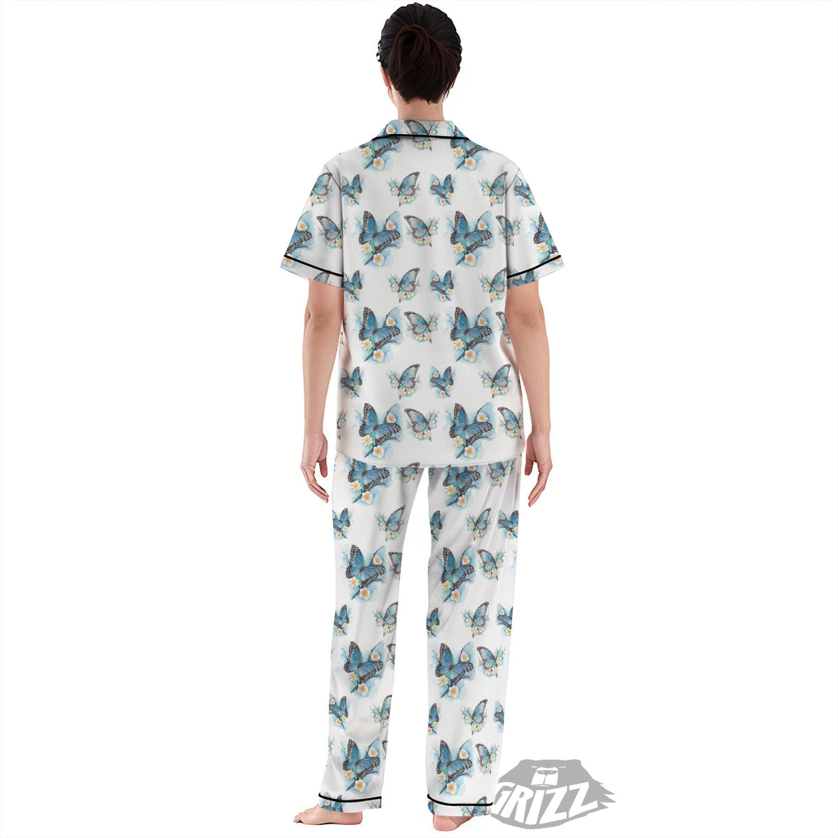 Blue Butterfly Blossom Print Pattern Women's Pajamas Set-grizzshop