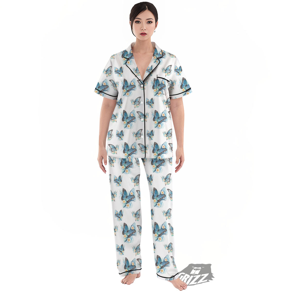 Blue Butterfly Blossom Print Pattern Women's Pajamas Set-grizzshop