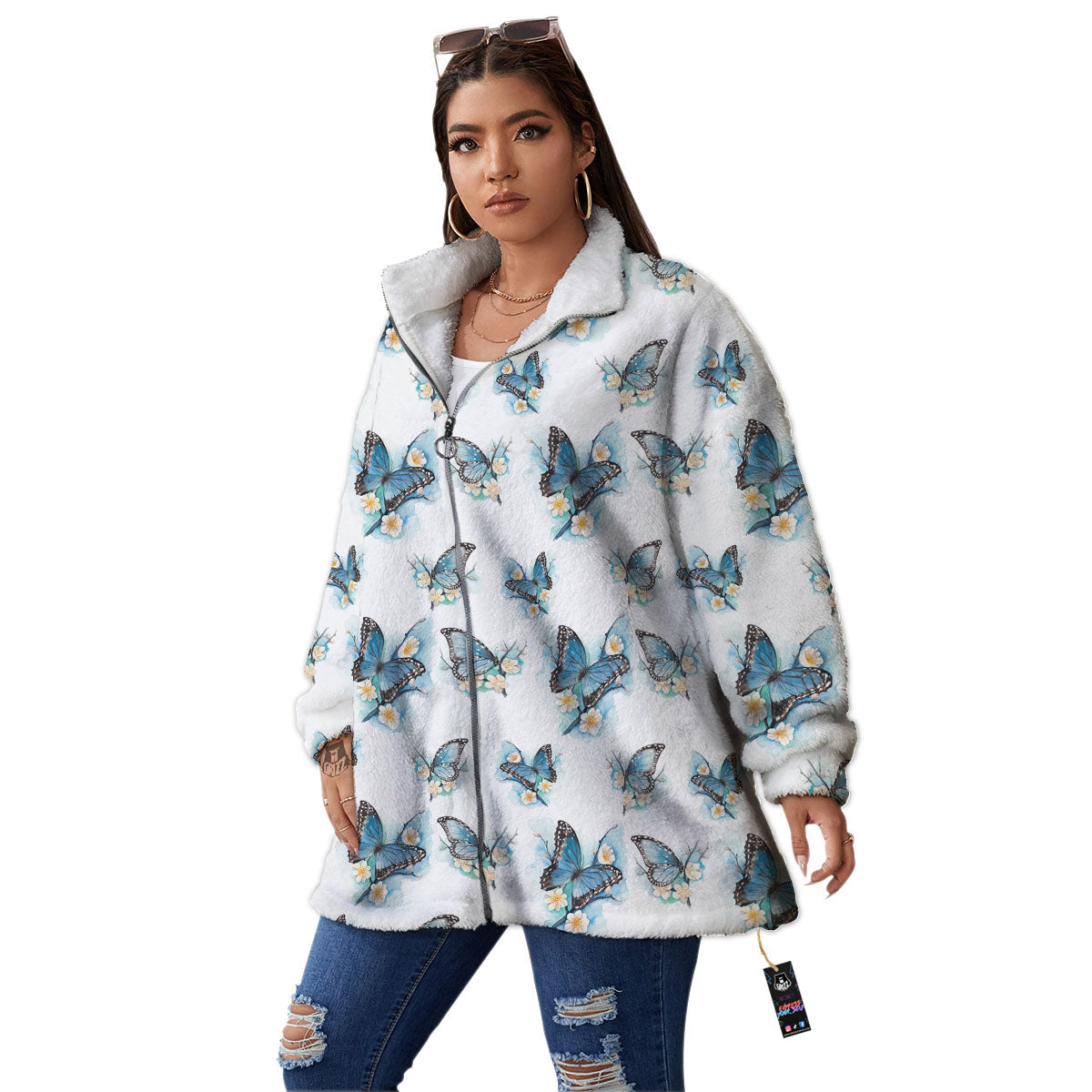 Blue Butterfly Blossom Print Pattern Women's Sherpa Jacket-grizzshop