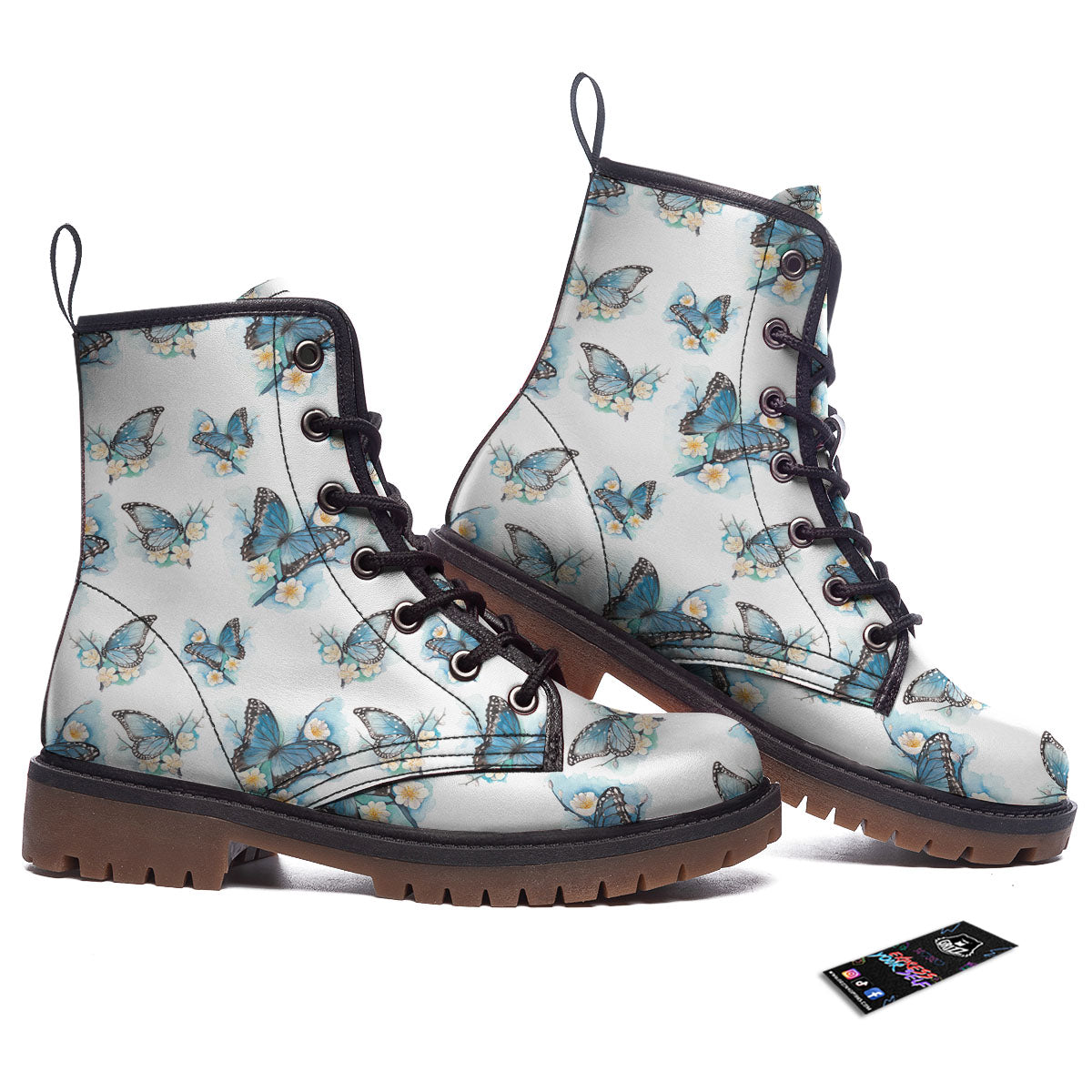 Blue Butterfly Blossom Print Pattern Work Boots-grizzshop