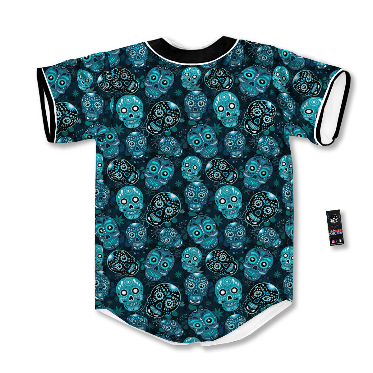 Blue Calavera Skull Print Pattern Baseball Jersey-grizzshop