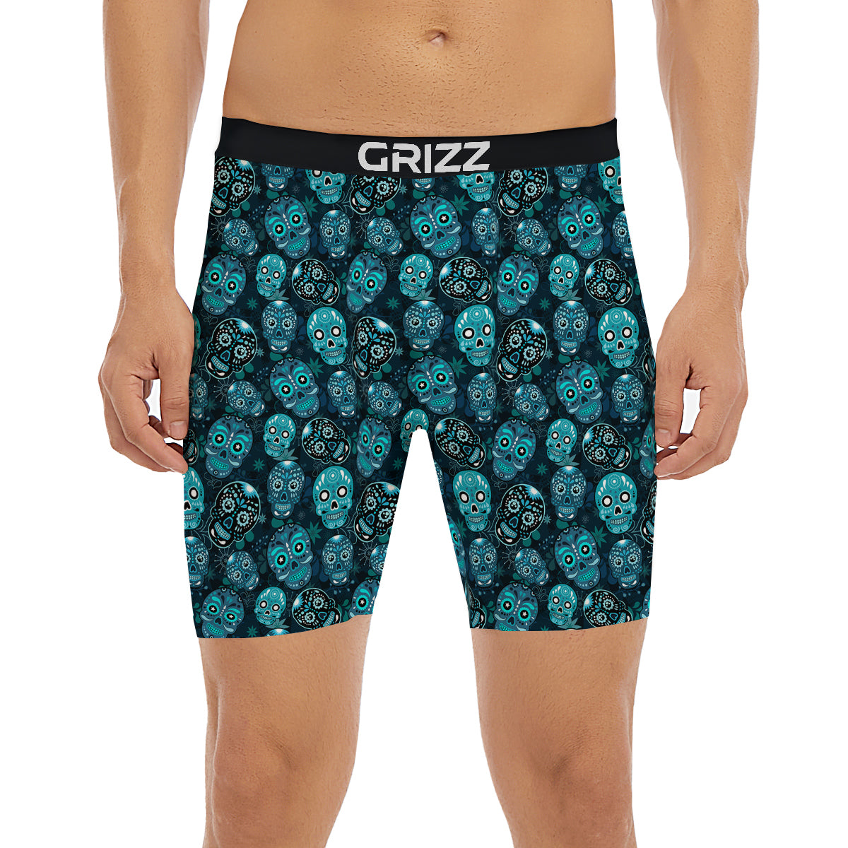 Blue Calavera Skull Print Pattern Boxer Briefs-grizzshop