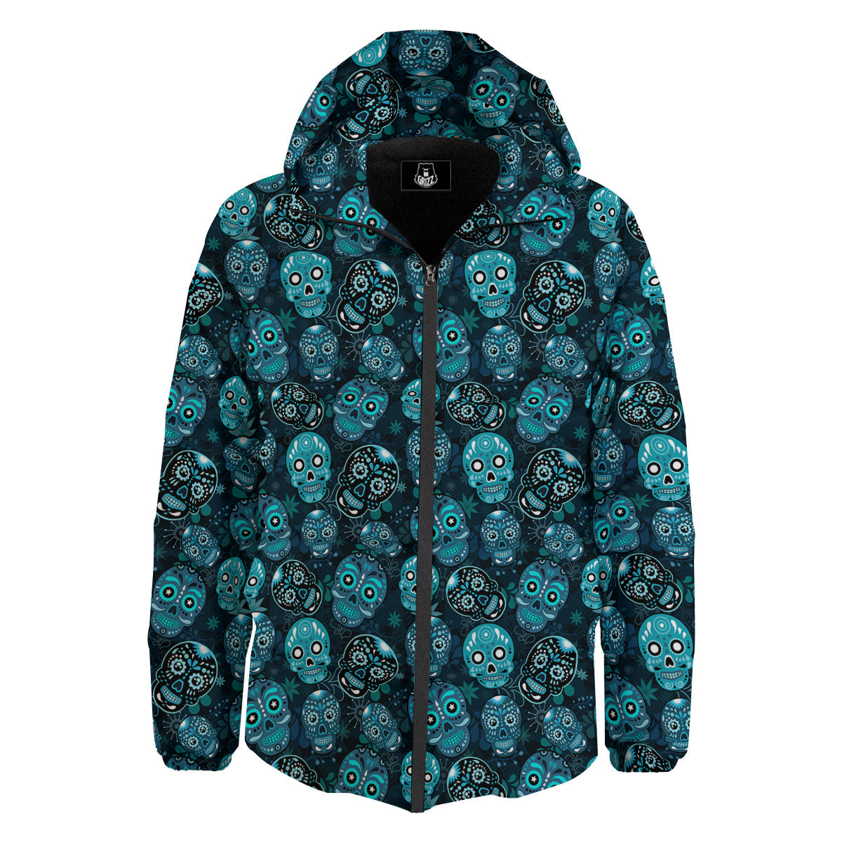 Blue Calavera Skull Print Pattern Down Jacket-grizzshop