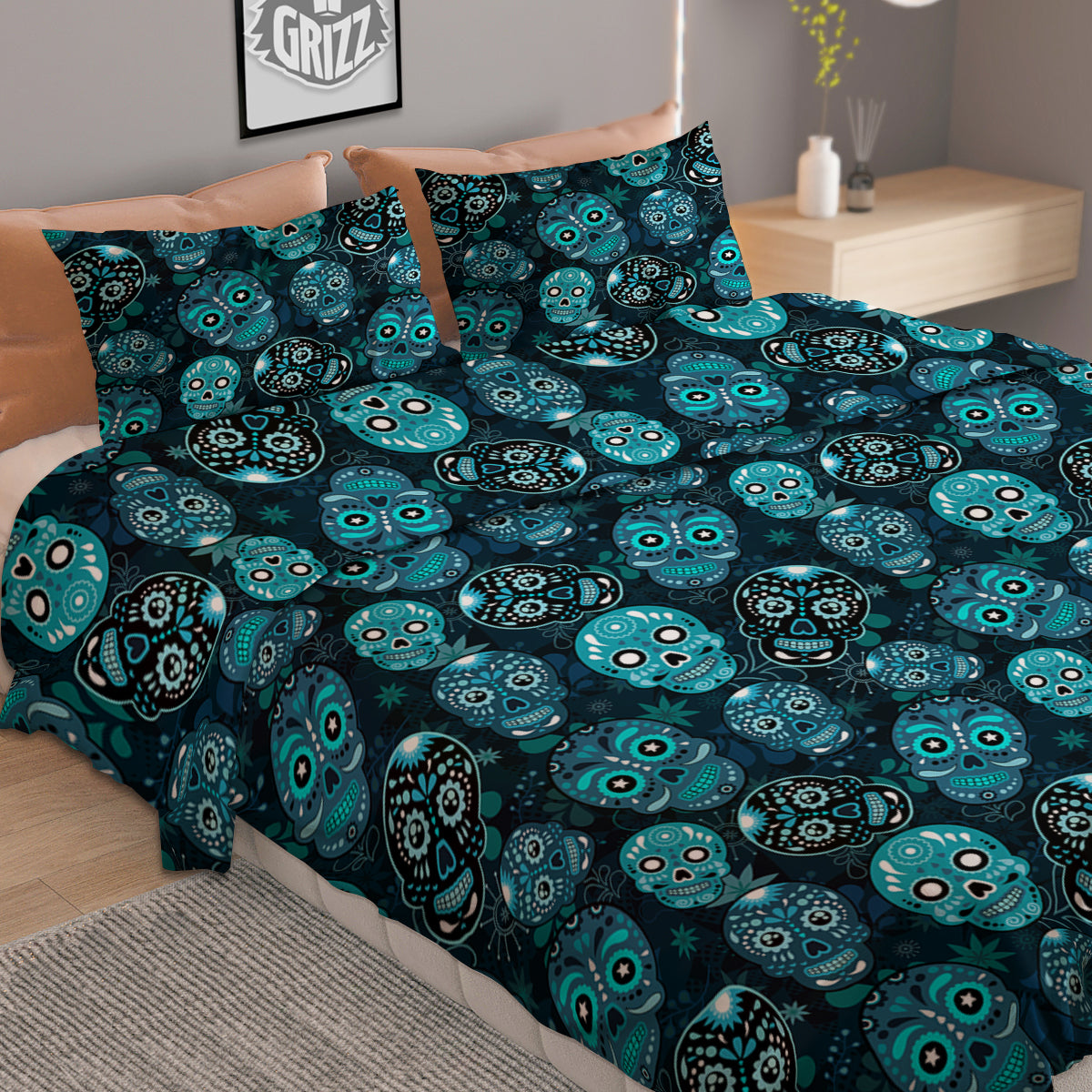Blue Calavera Skull Print Pattern Duvet Cover Bedding Set