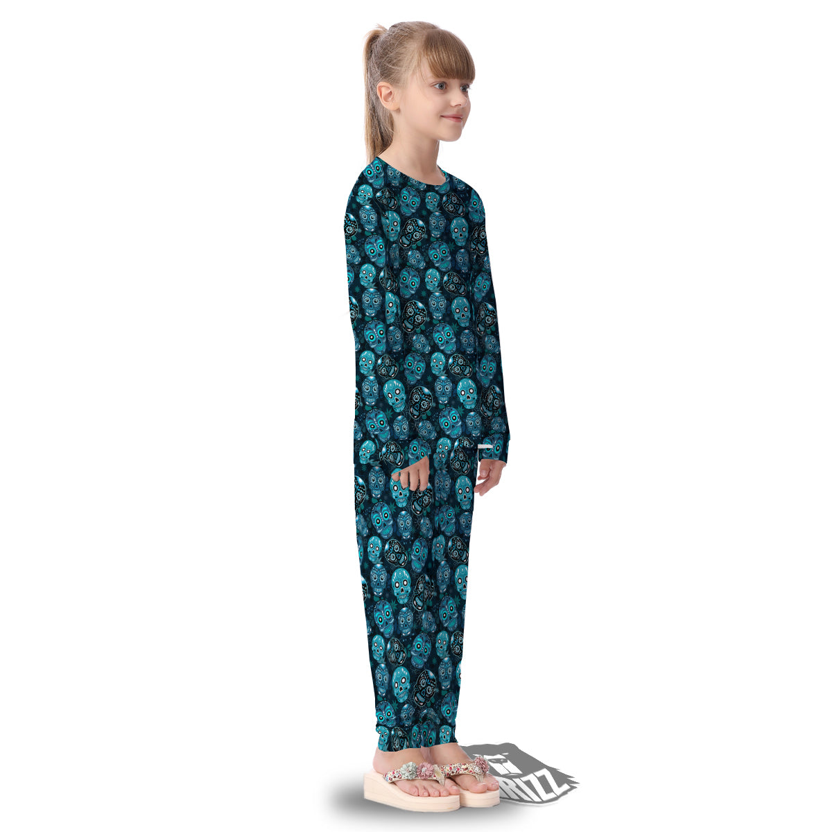 Blue Calavera Skull Print Pattern Kid's Pajamas-grizzshop