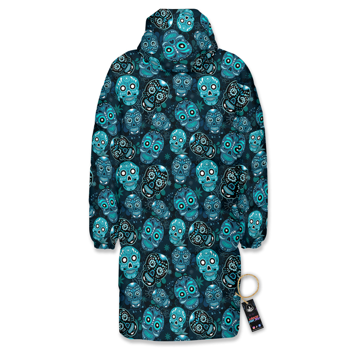 Blue Calavera Skull Print Pattern Long Down Jacket-grizzshop