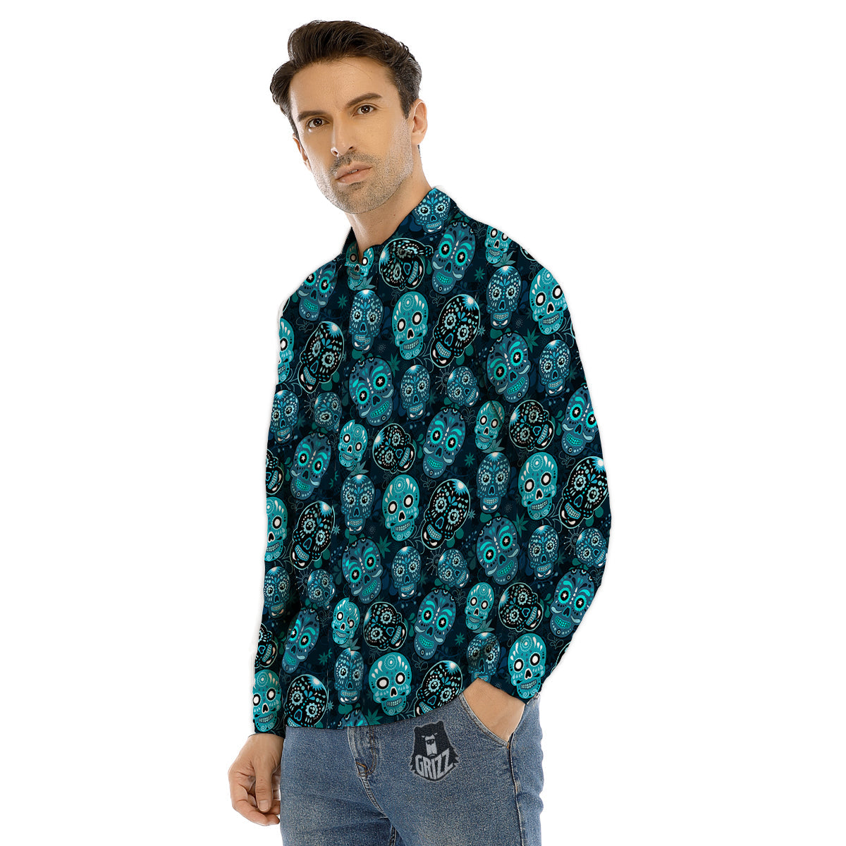 Blue Calavera Skull Print Pattern Men's Dress Shirts-grizzshop