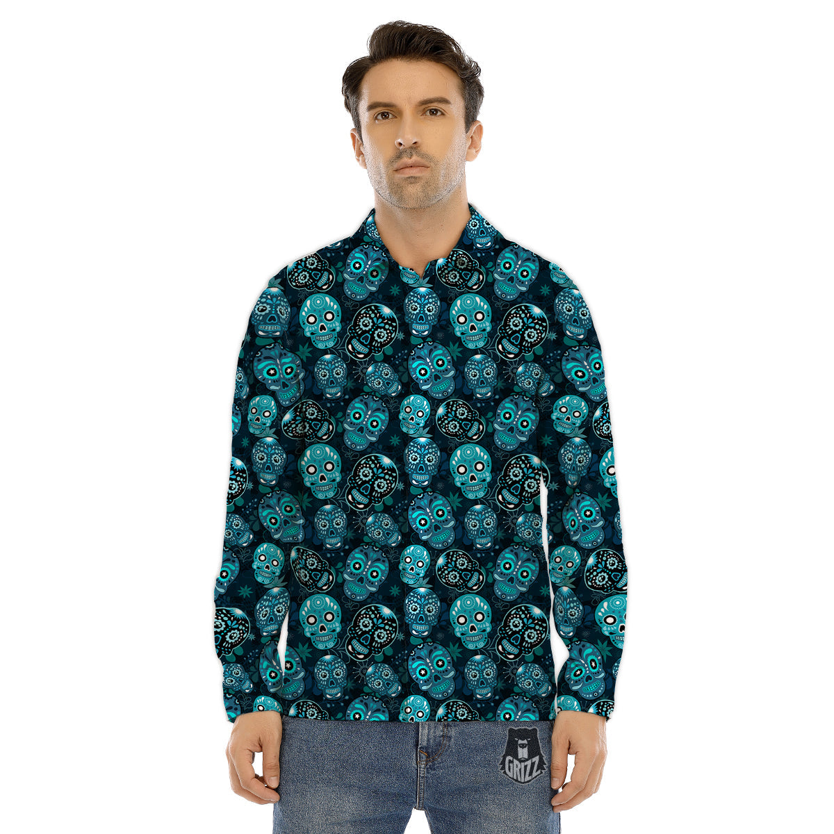 Blue Calavera Skull Print Pattern Men's Dress Shirts-grizzshop