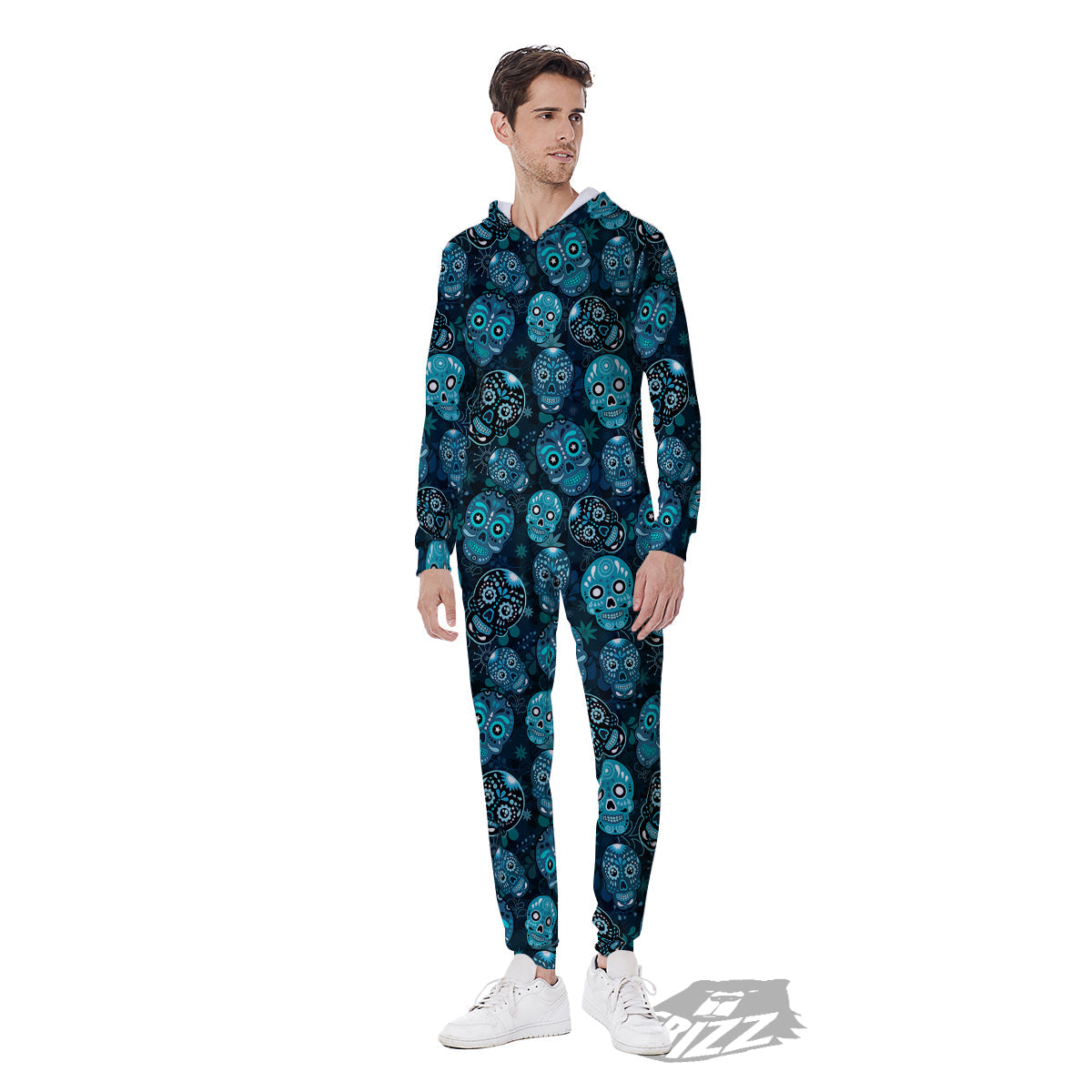 Blue Calavera Skull Print Pattern Men's Jumpsuit-grizzshop