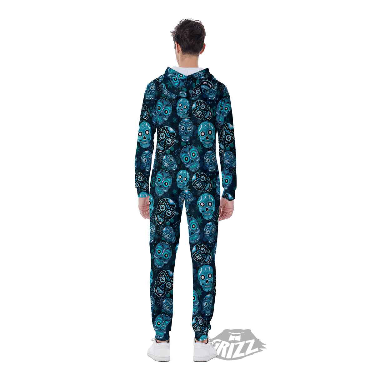 Blue Calavera Skull Print Pattern Men's Jumpsuit-grizzshop