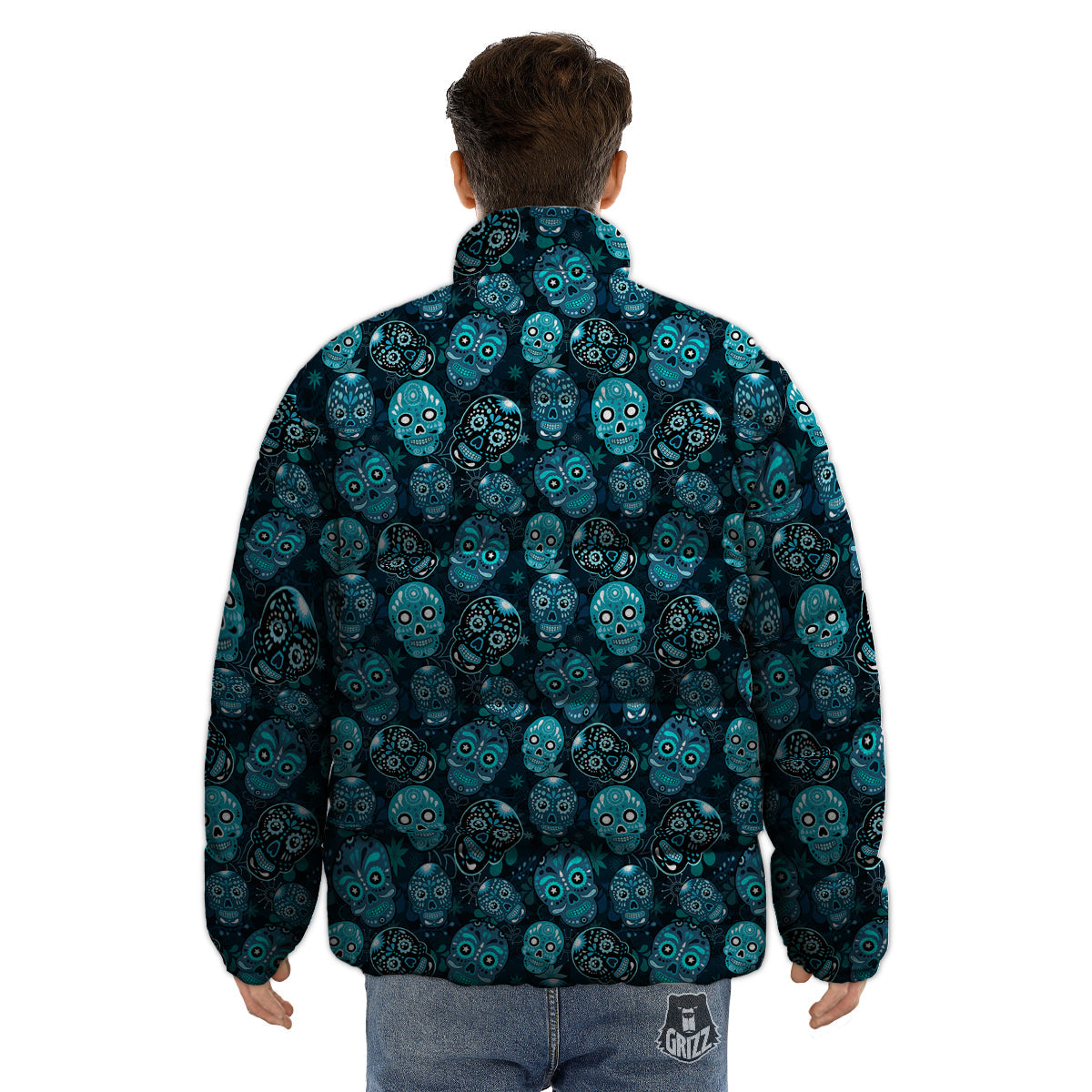 Blue Calavera Skull Print Pattern Puffer Jacket-grizzshop