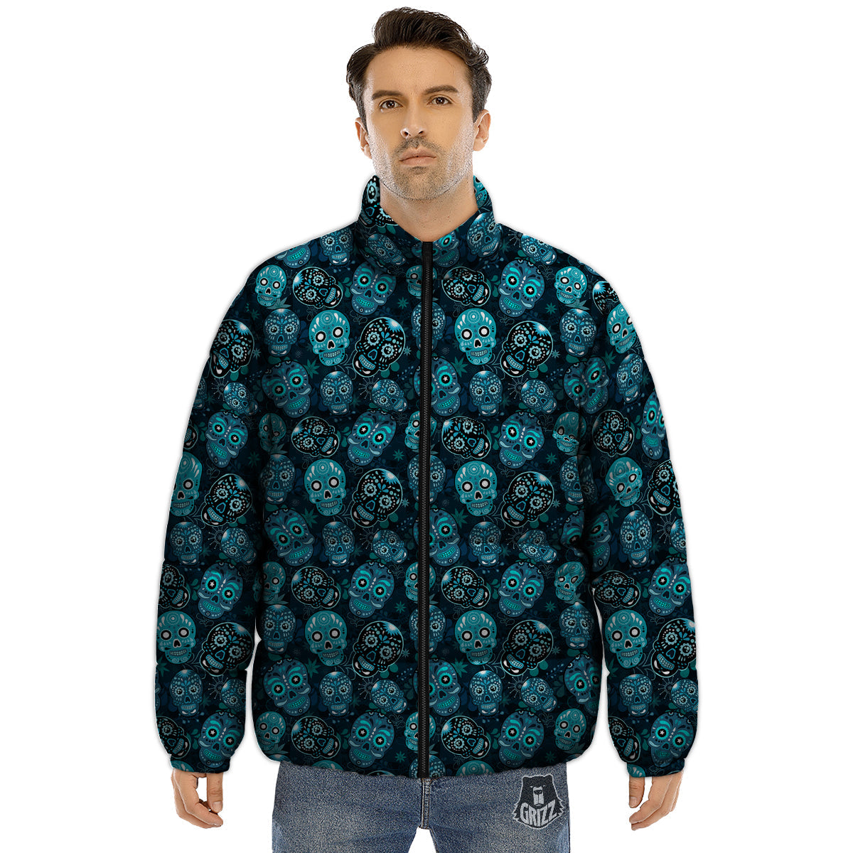 Blue Calavera Skull Print Pattern Puffer Jacket-grizzshop