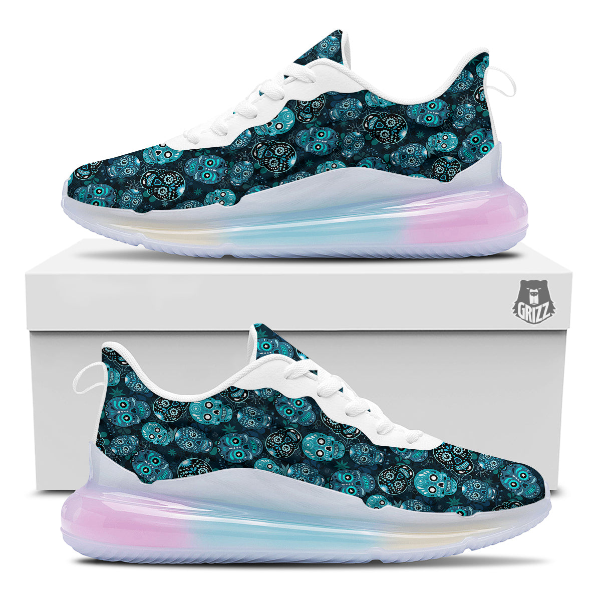 Blue Calavera Skull Print Pattern Running Sneakers-grizzshop