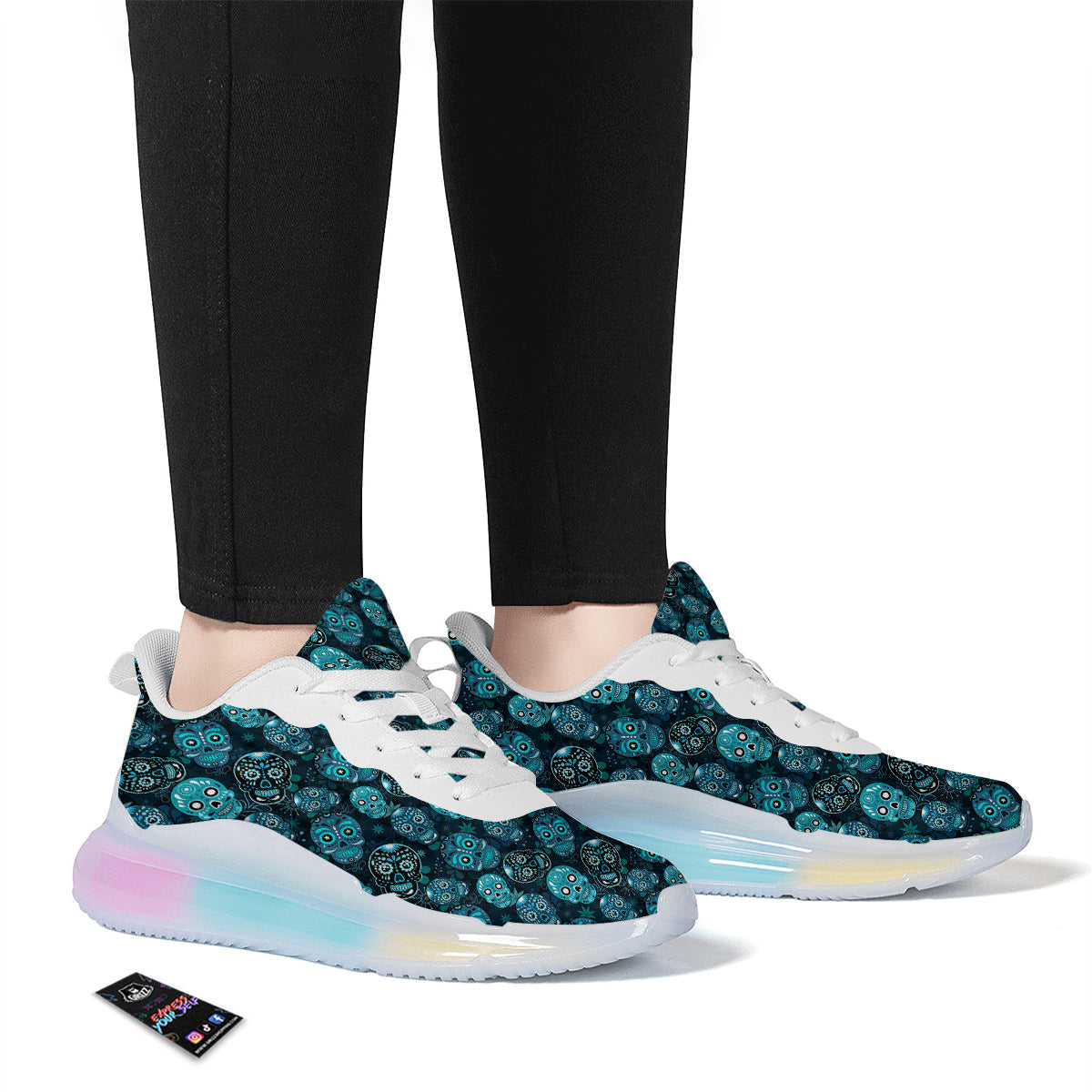 Blue Calavera Skull Print Pattern Running Sneakers-grizzshop