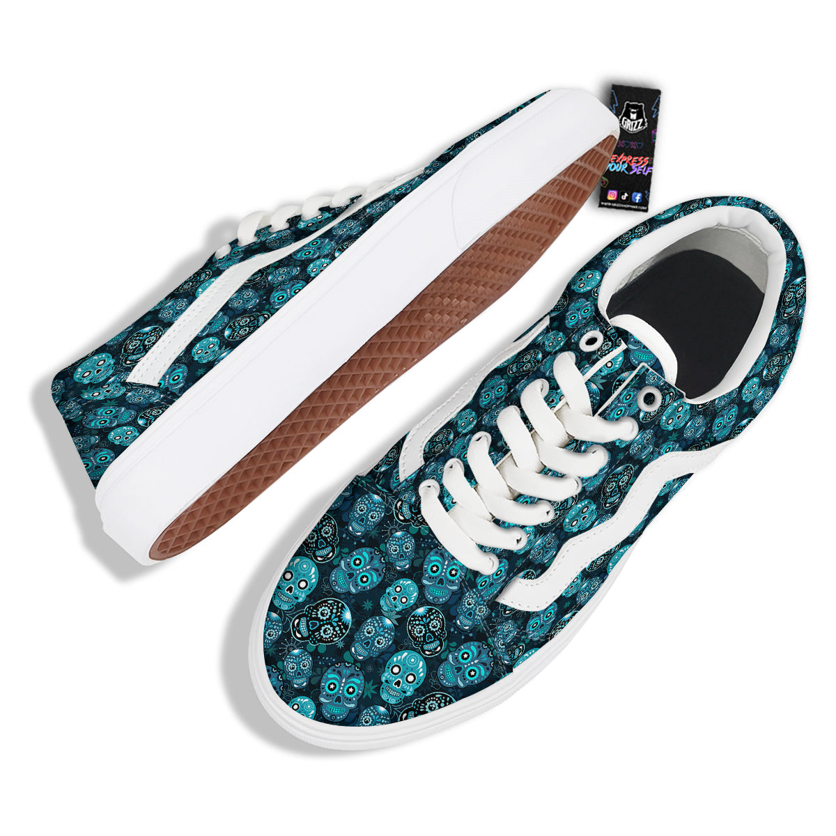 Blue Calavera Skull Print Pattern Skate Shoes-grizzshop
