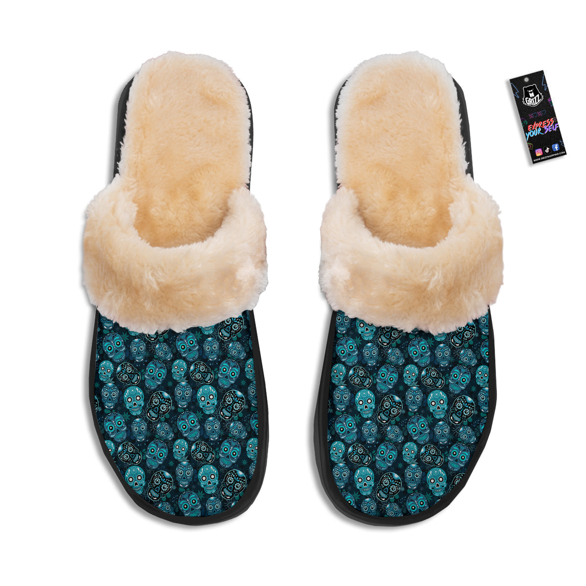 Blue Calavera Skull Print Pattern Slippers-grizzshop