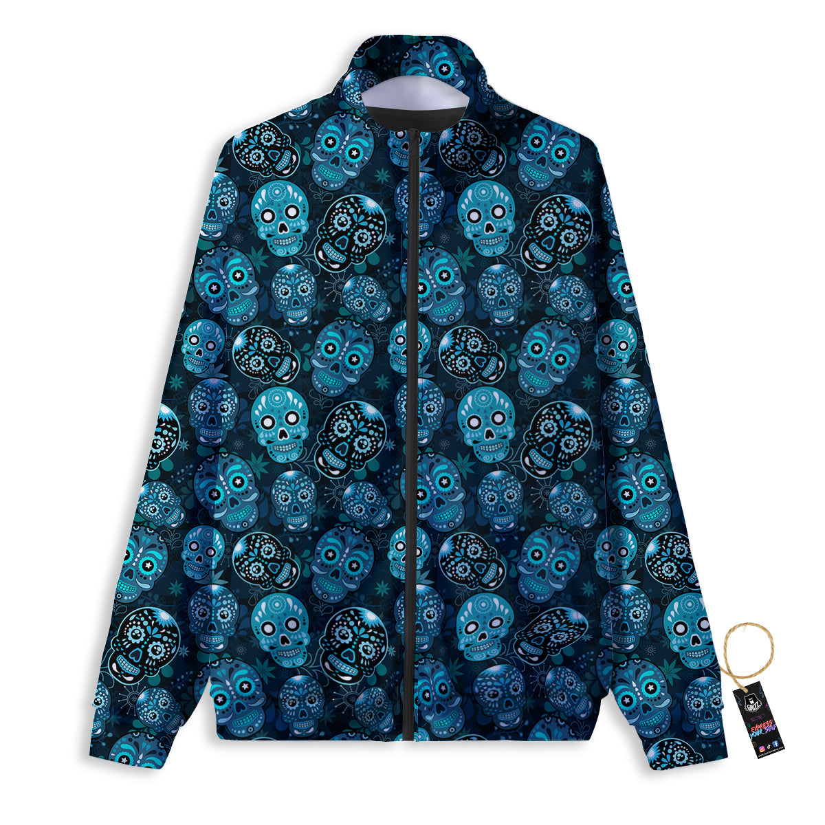 Blue Calavera Skull Print Pattern Track Jacket-grizzshop