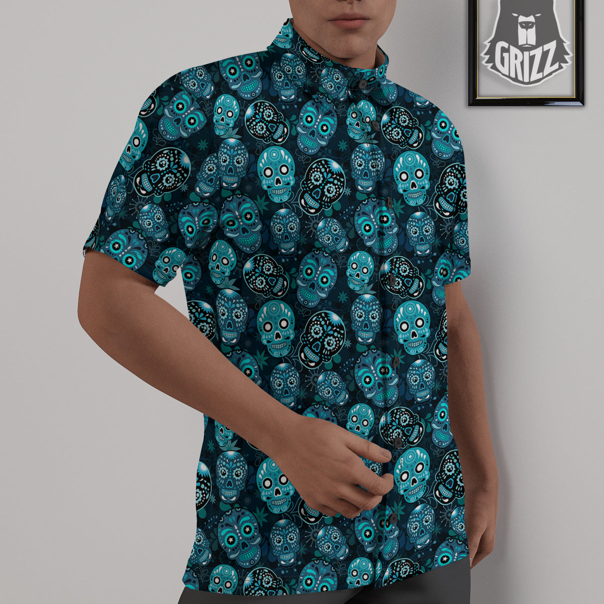 Blue Calavera Skull Print Pattern Untucked Shirts-grizzshop