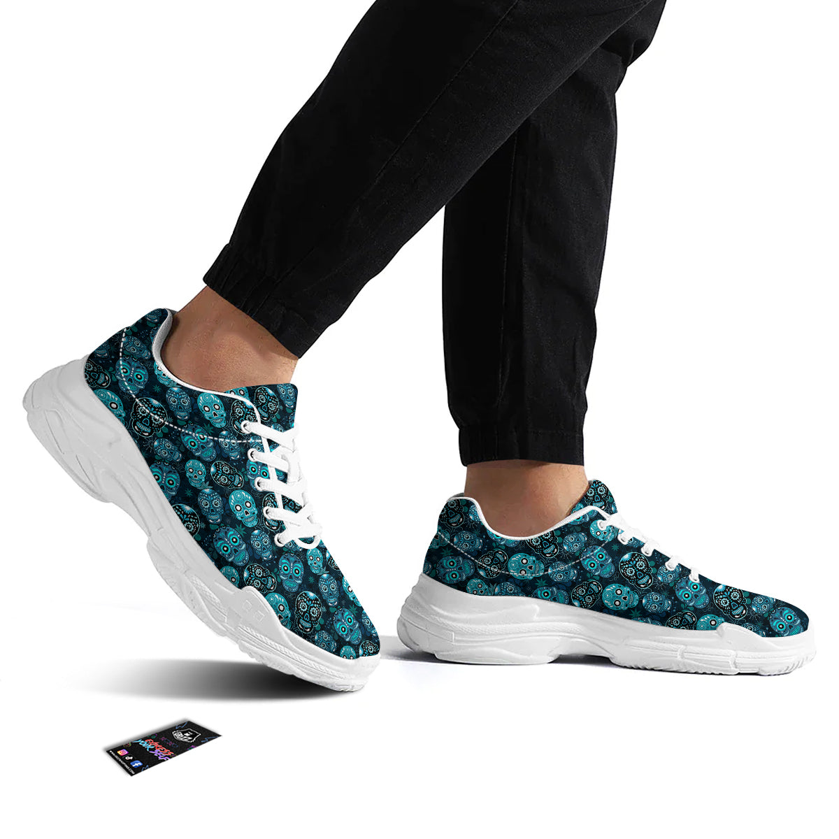 Blue Calavera Skull Print Pattern White Chunky Shoes-grizzshop