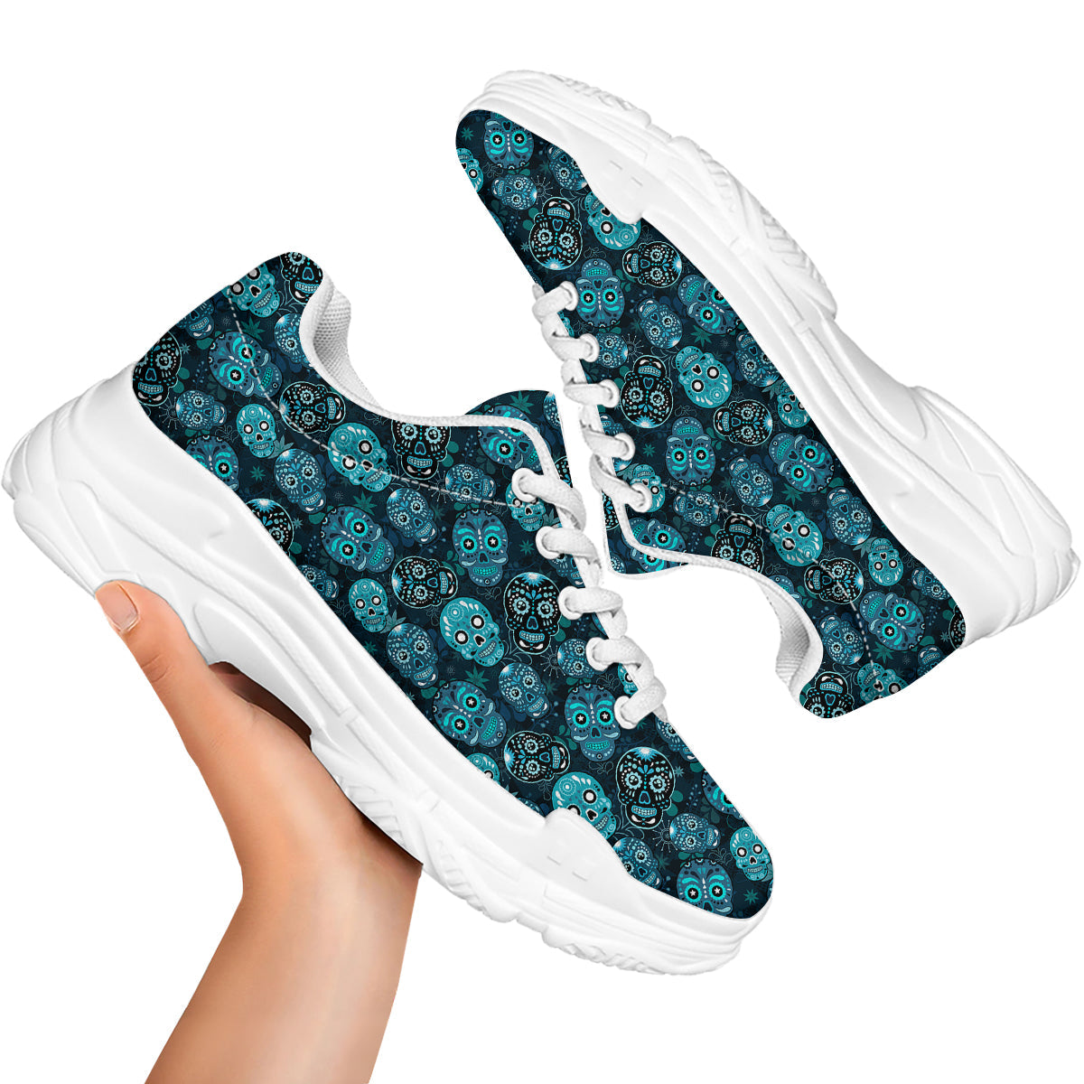 Blue Calavera Skull Print Pattern White Chunky Shoes-grizzshop