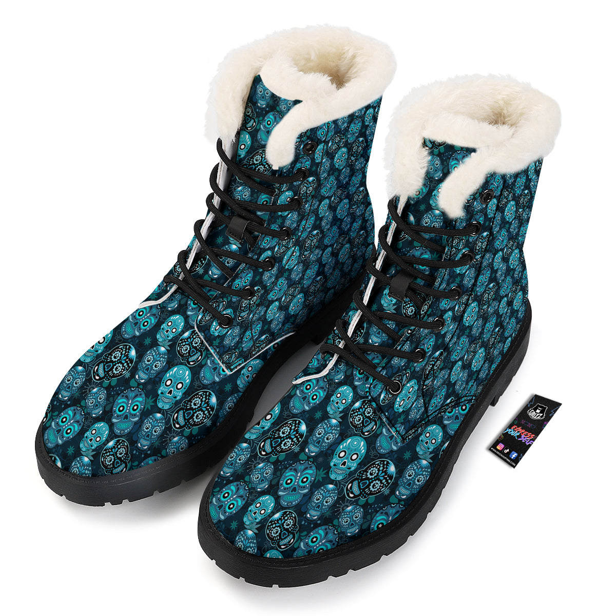 Blue Calavera Skull Print Pattern Winter Boots-grizzshop