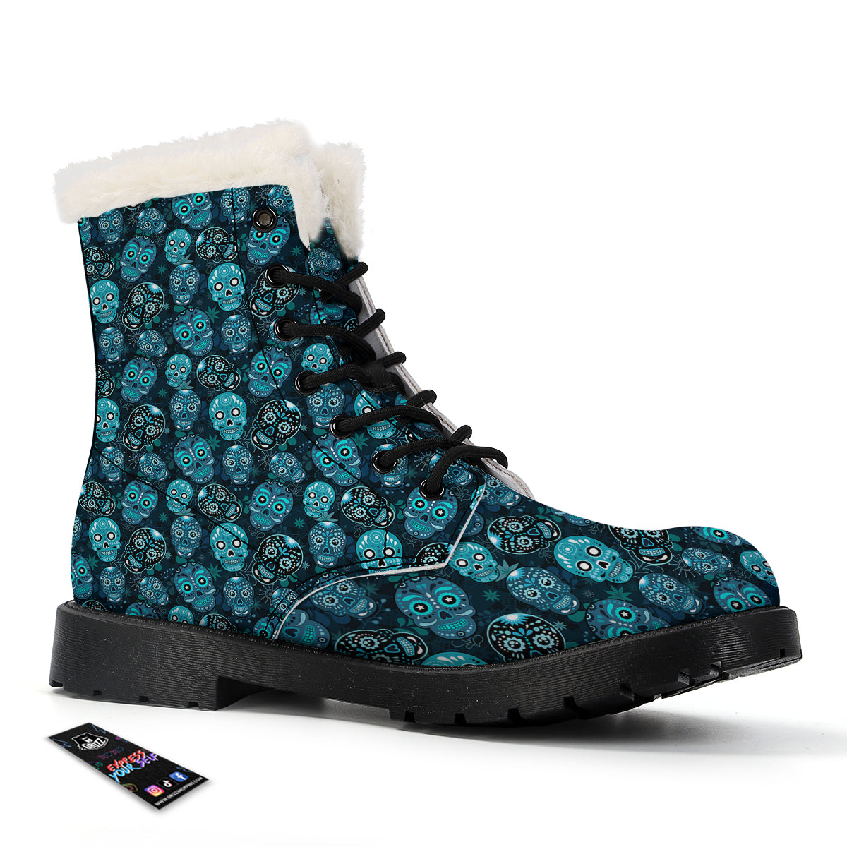Blue Calavera Skull Print Pattern Winter Boots-grizzshop