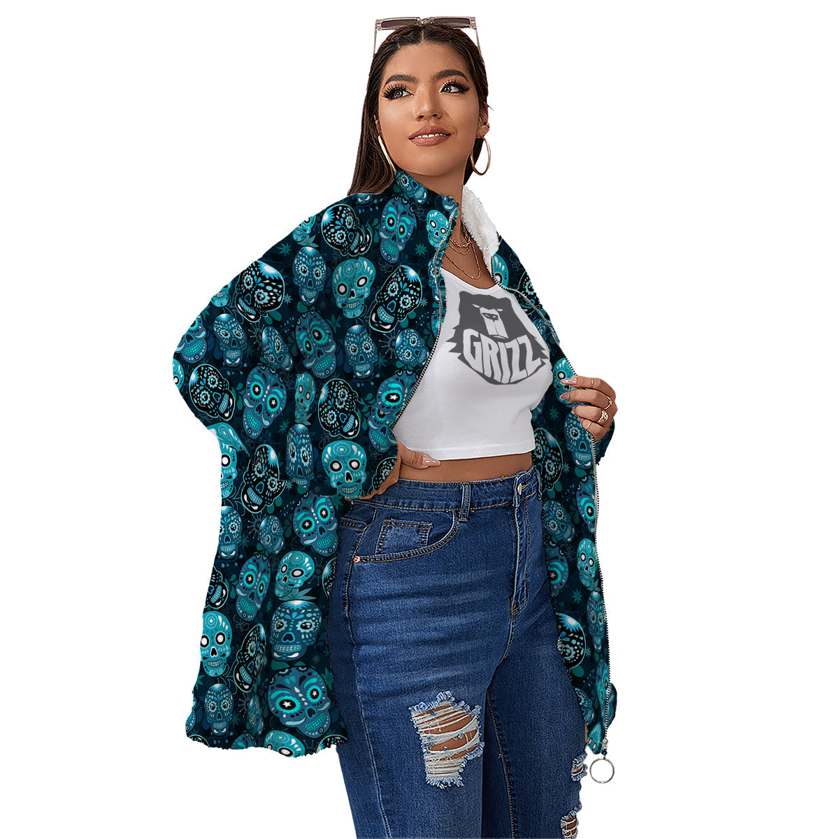 Blue Calavera Skull Print Pattern Women's Sherpa Jacket-grizzshop