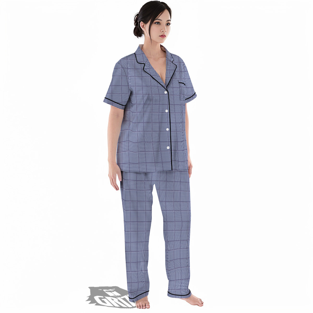 Blue Check Prince of Wales Print Women's Pajamas Set-grizzshop