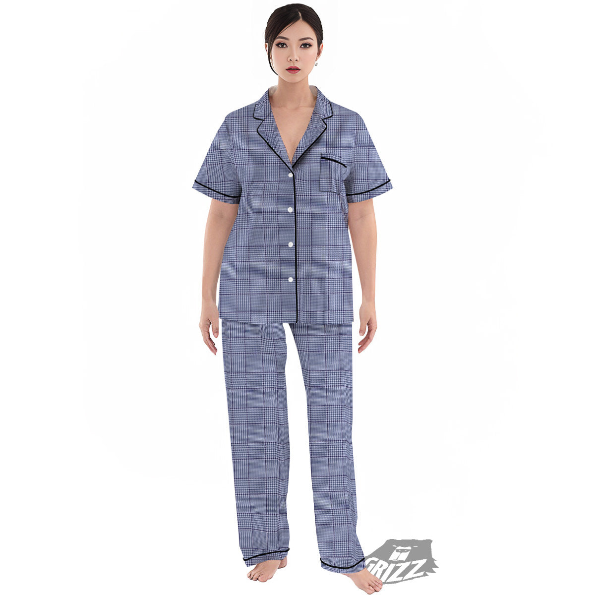 Blue Check Prince of Wales Print Women's Pajamas Set-grizzshop