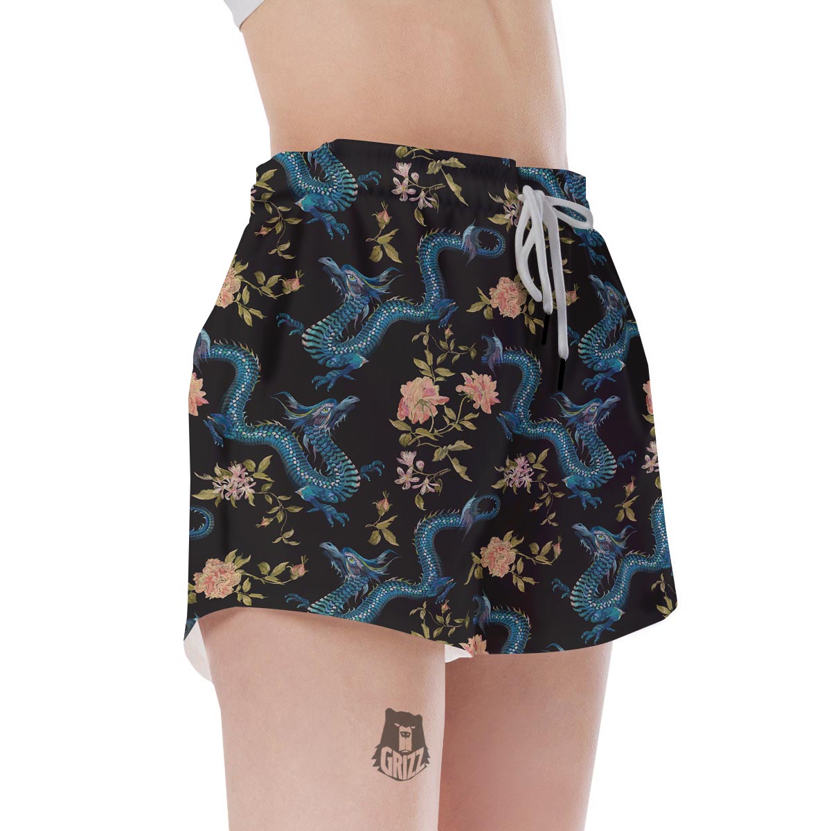 Blue Chinese Dragon Floral Print1 Women's Shorts-grizzshop