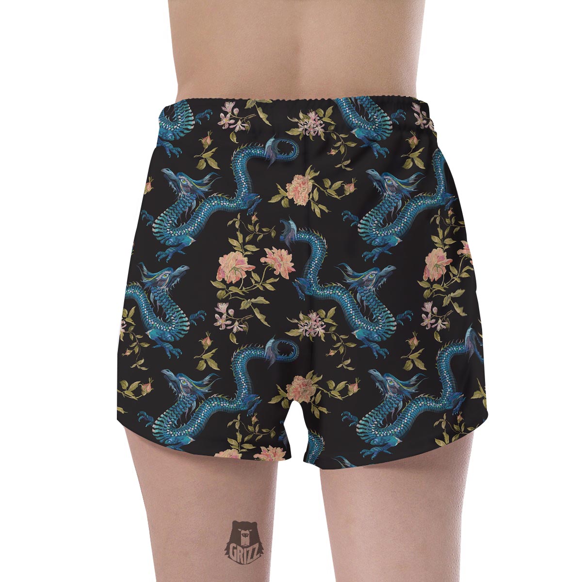 Blue Chinese Dragon Floral Print1 Women's Shorts-grizzshop