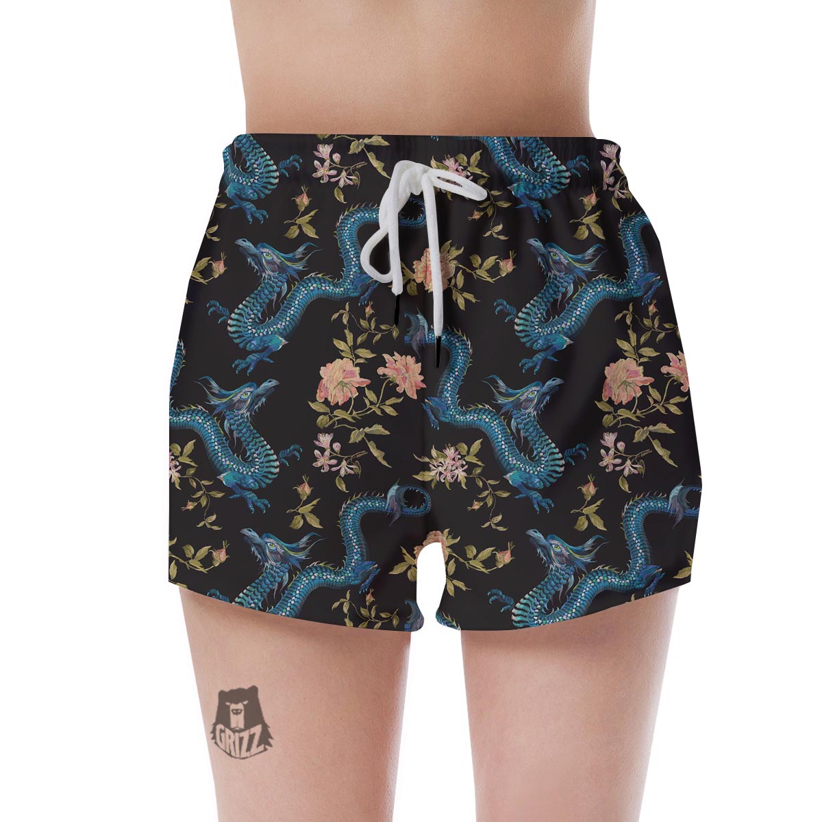 Blue Chinese Dragon Floral Print1 Women's Shorts-grizzshop