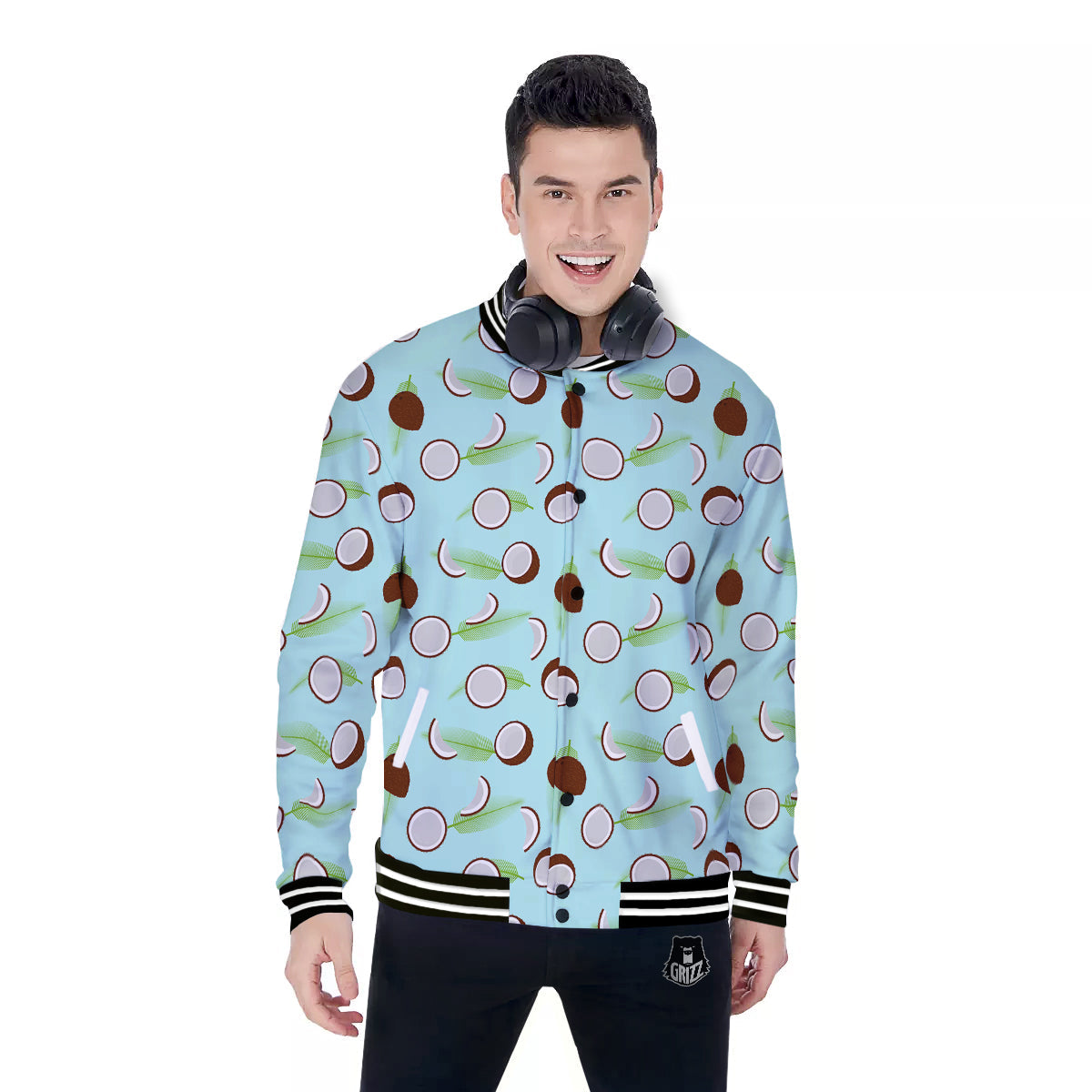 Blue Coconut Print Pattern Baseball Jacket-grizzshop