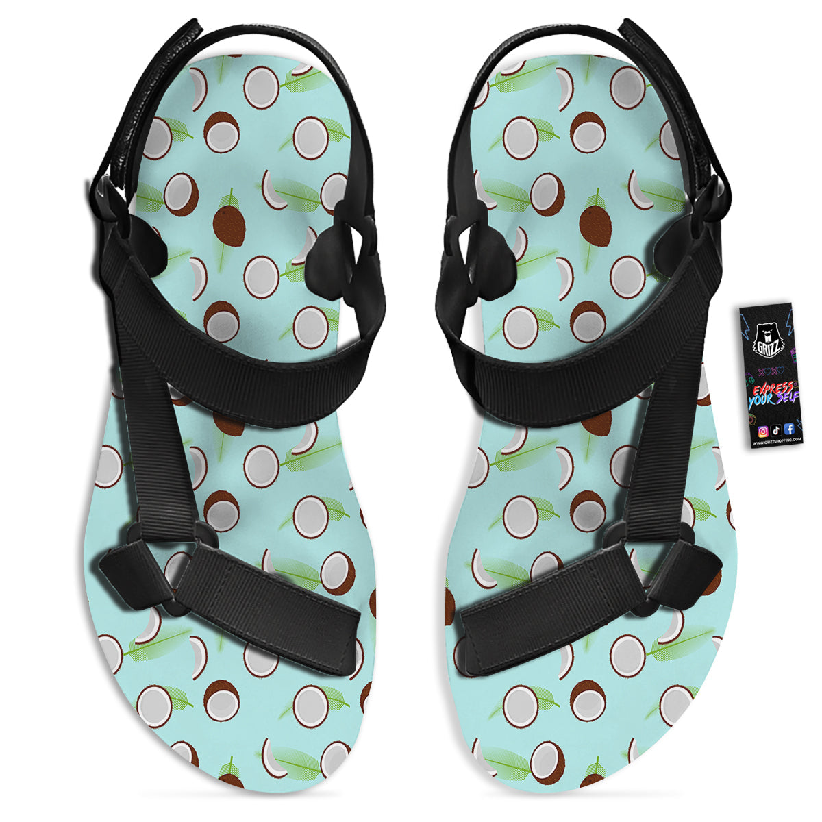 Blue Coconut Print Pattern Black Open Toe Sandals-grizzshop