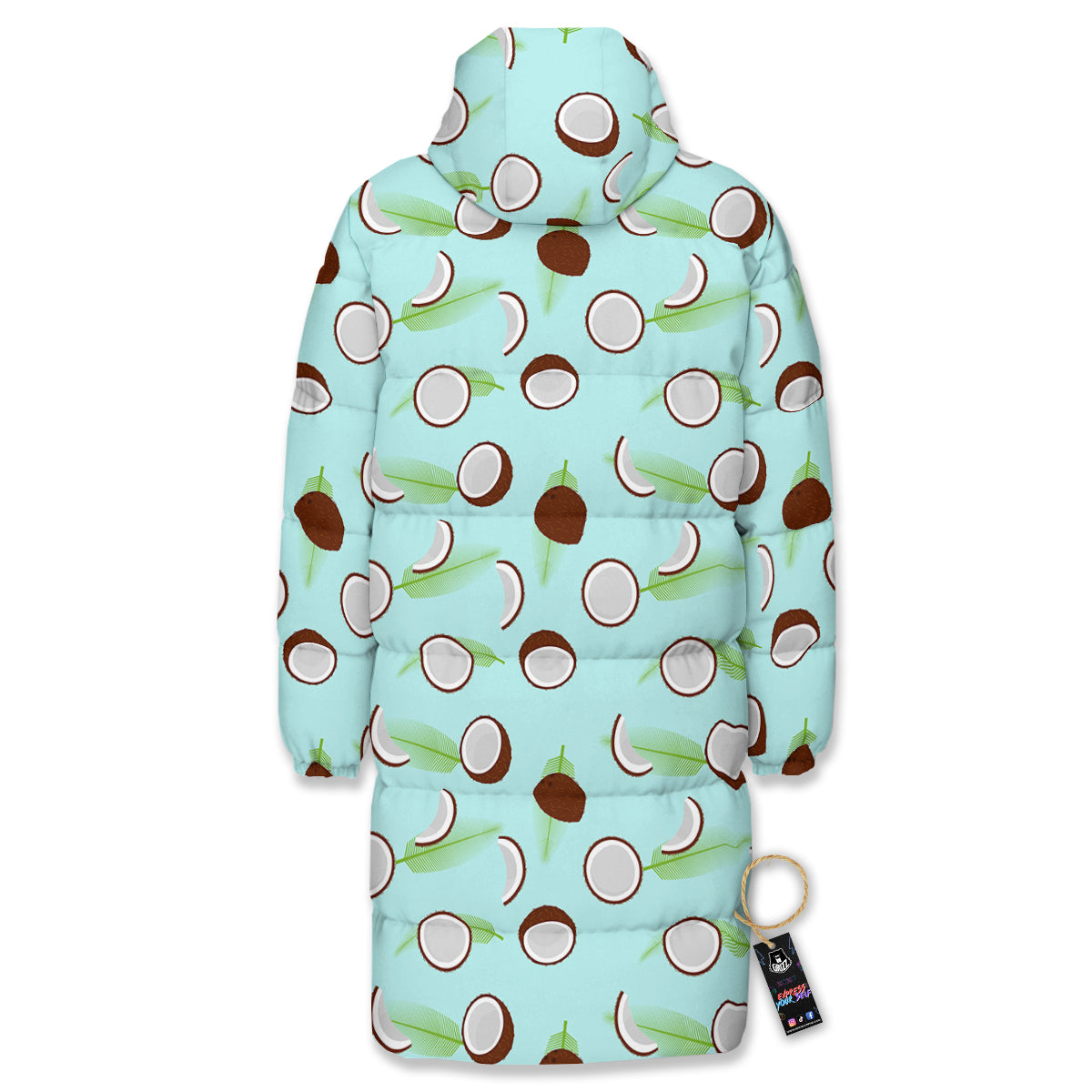 Blue Coconut Print Pattern Long Down Jacket-grizzshop