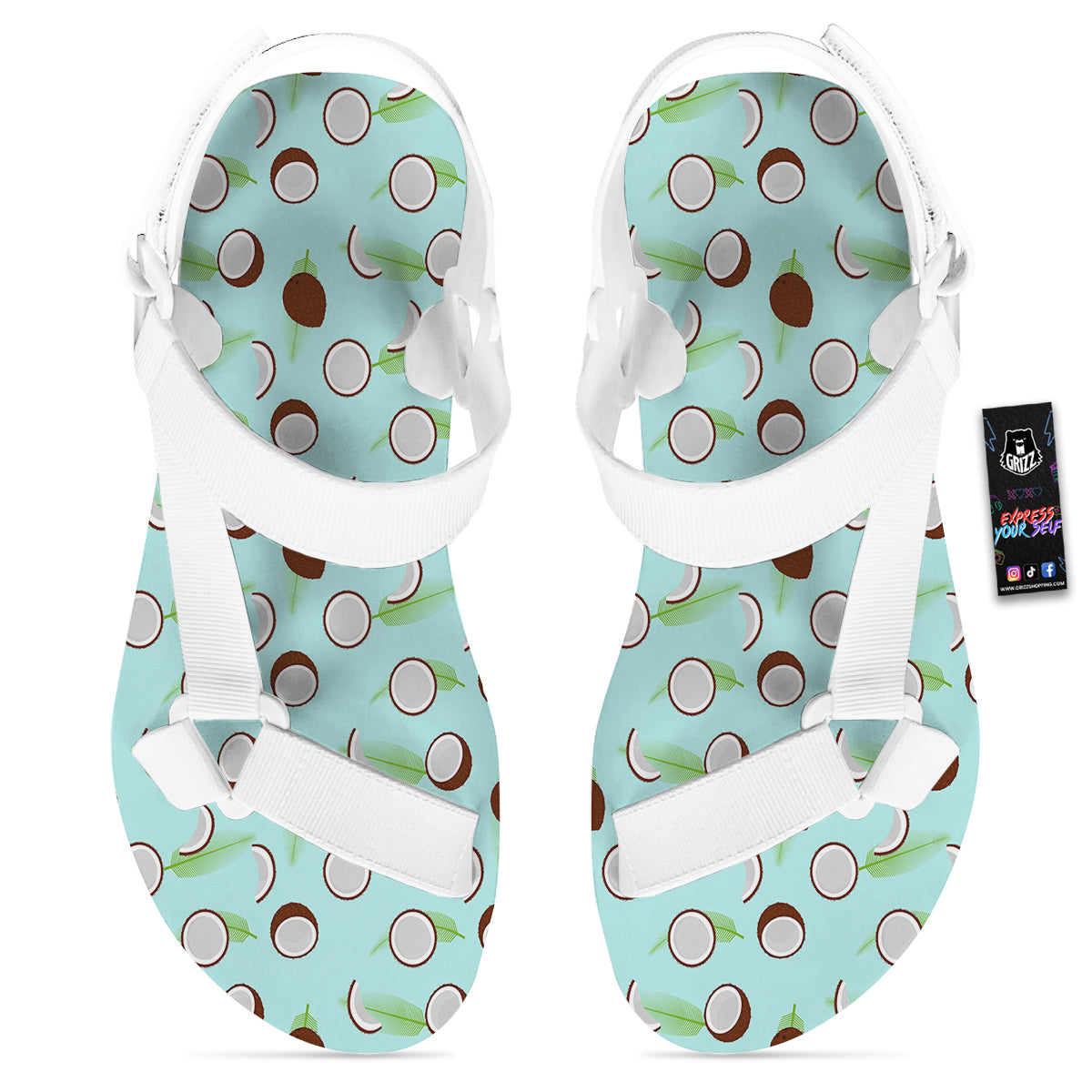 Blue Coconut Print Pattern White Open Toe Sandals-grizzshop