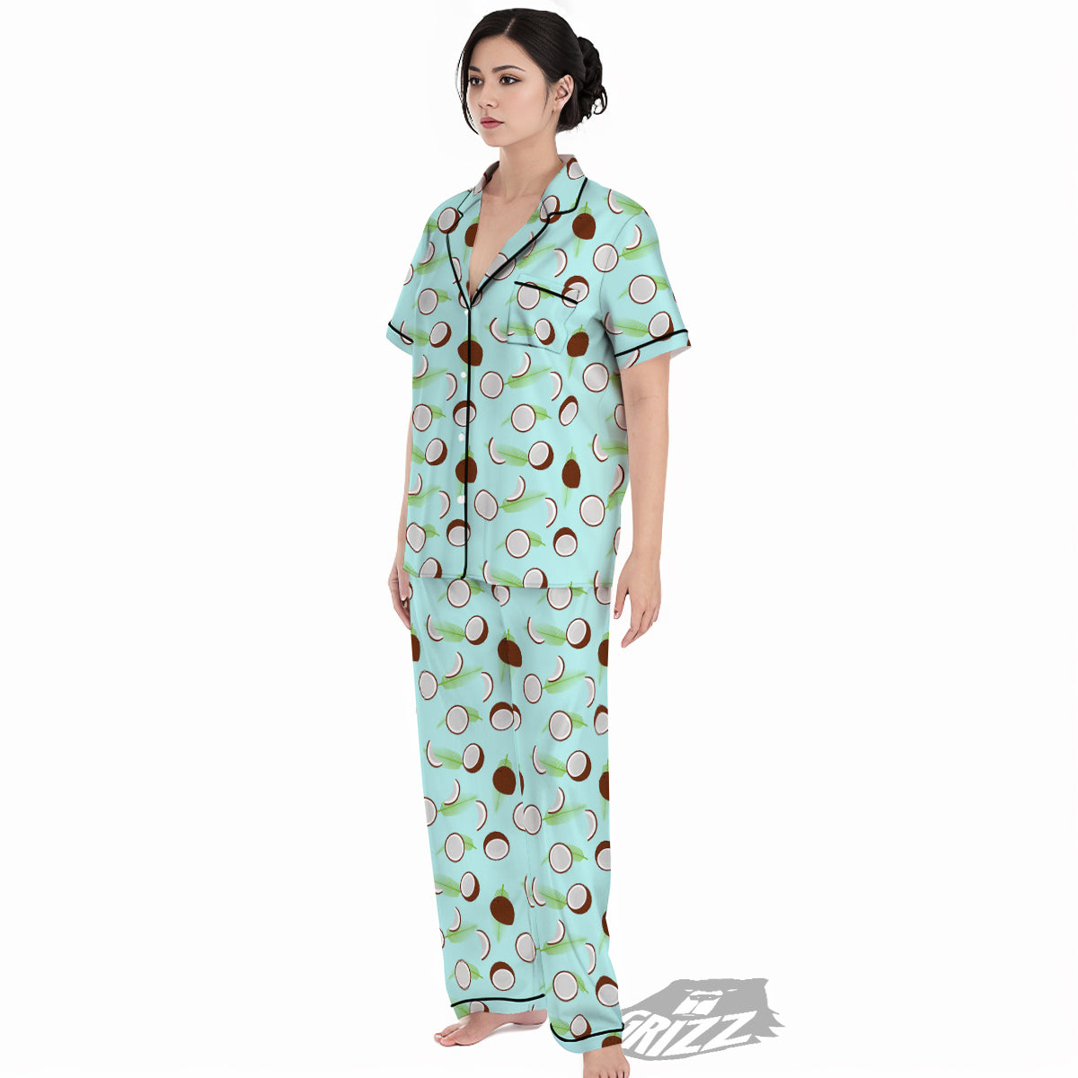 Blue Coconut Print Pattern Women's Pajamas Set-grizzshop