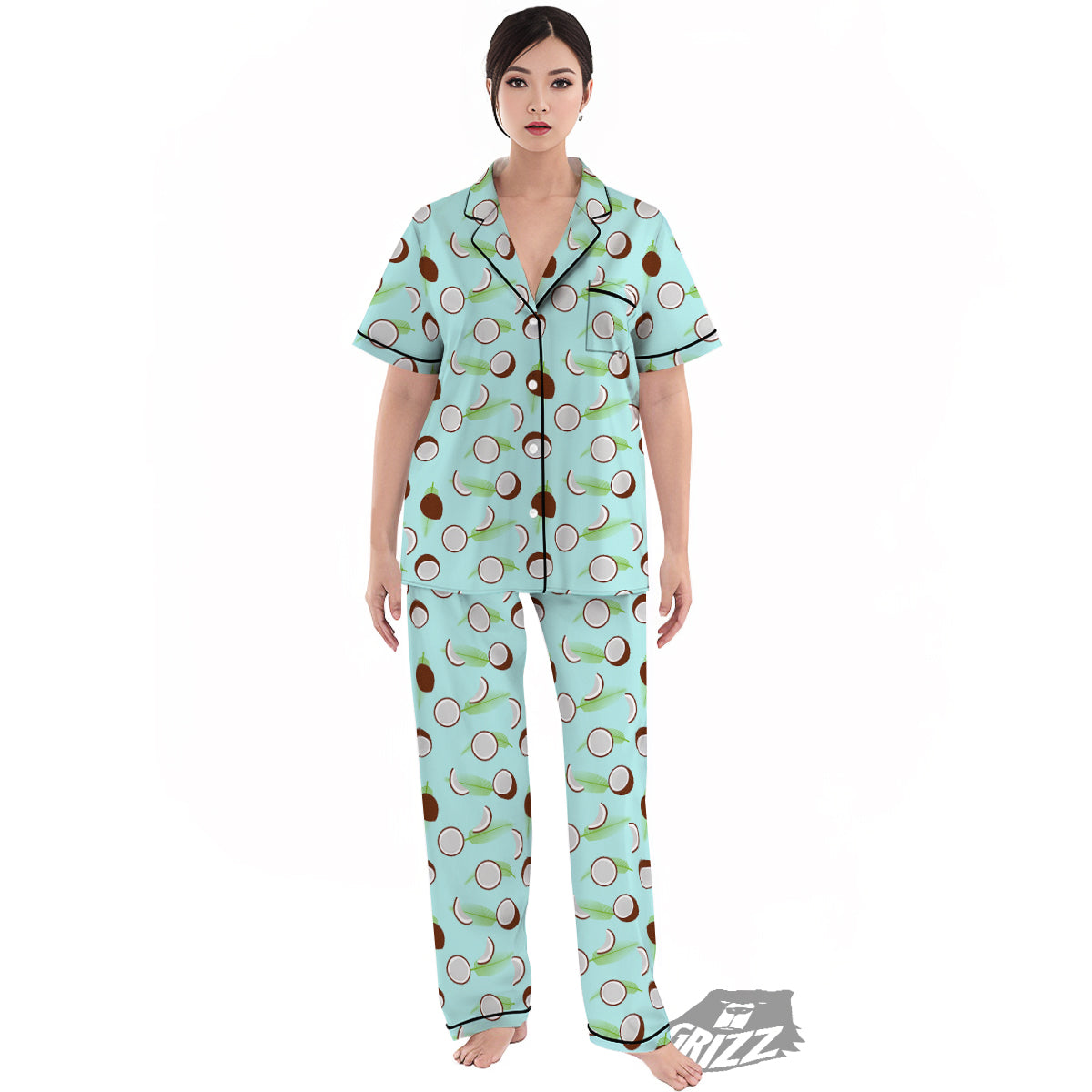Blue Coconut Print Pattern Women's Pajamas Set-grizzshop
