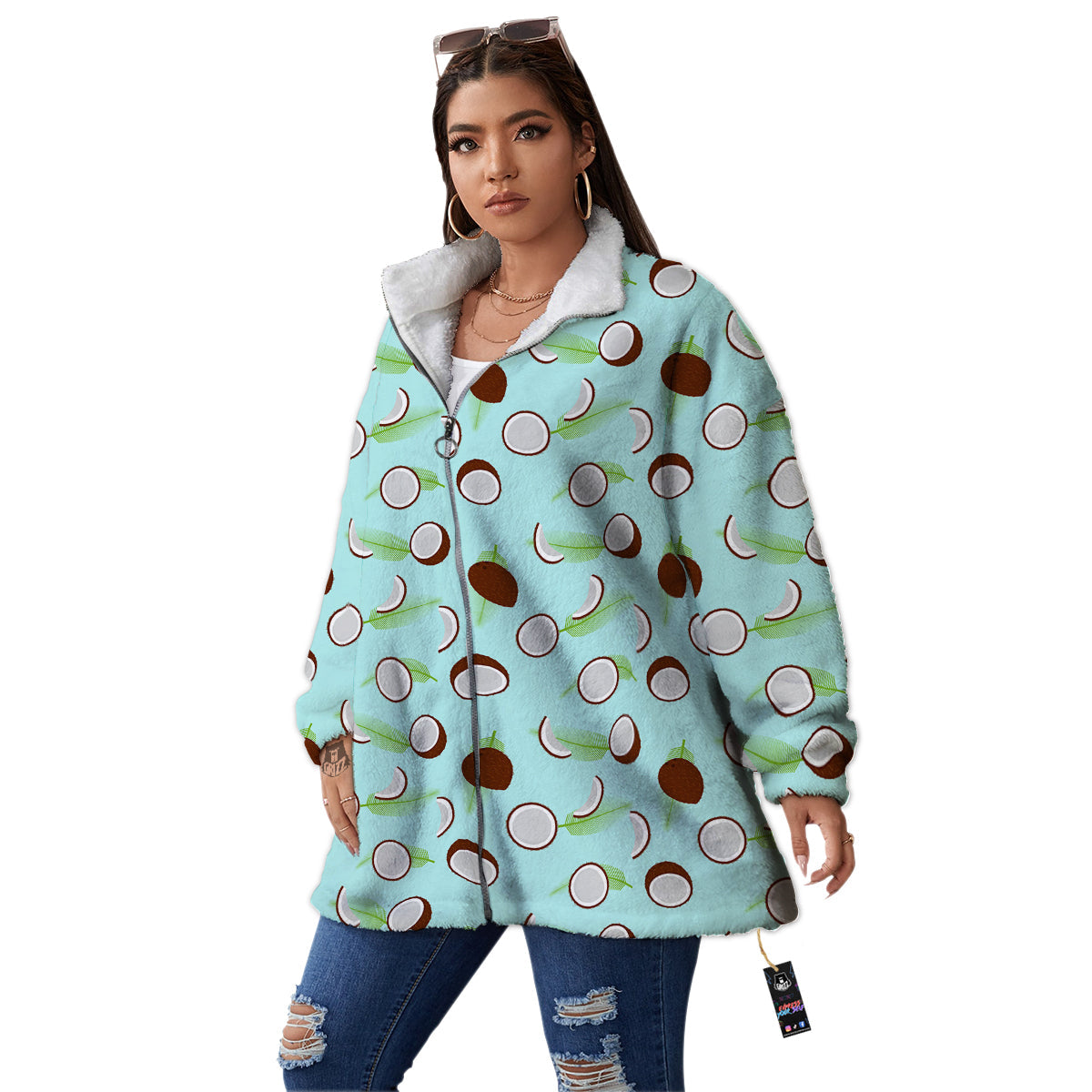 Blue Coconut Print Pattern Women's Sherpa Jacket-grizzshop