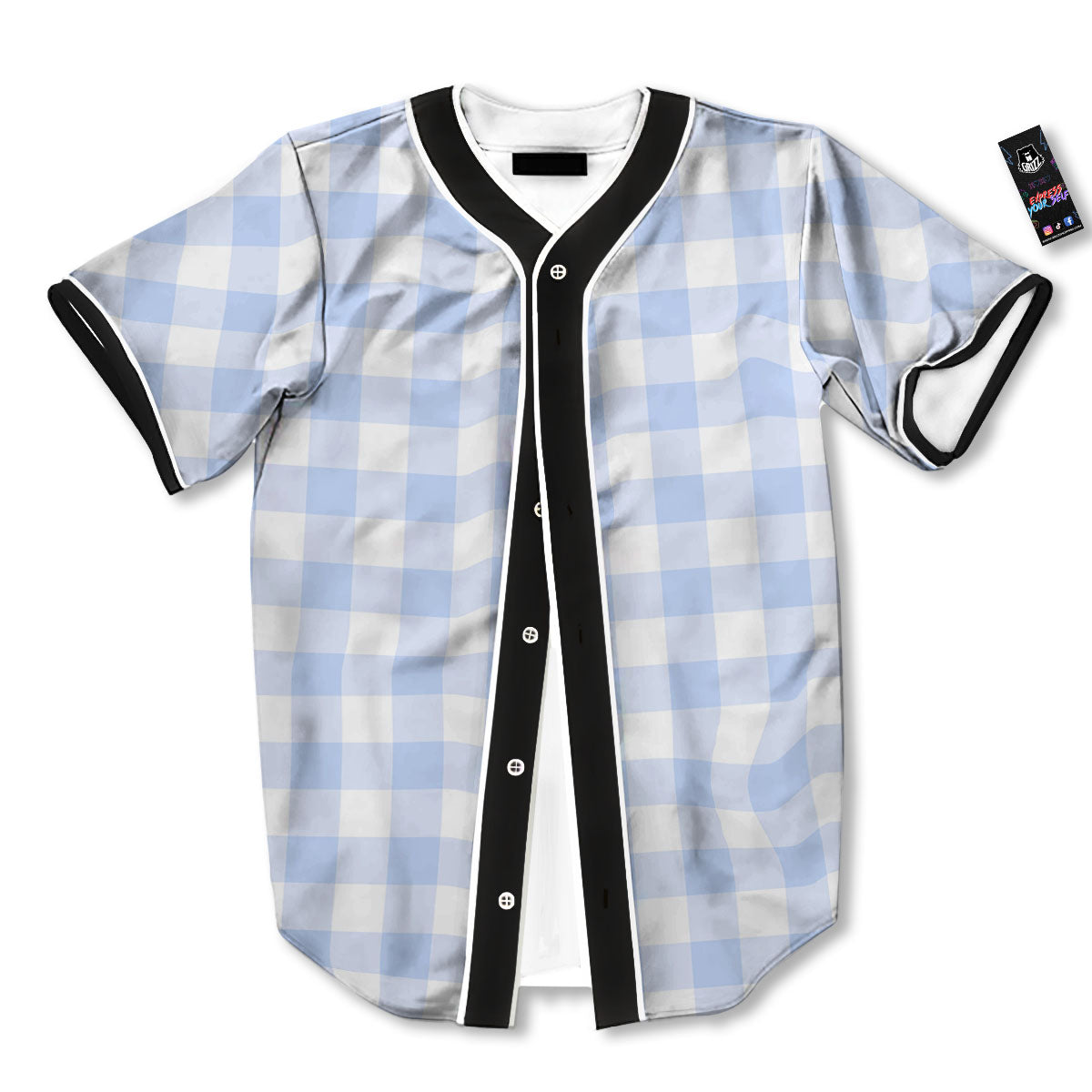 Blue Cornflower And White Gingham Print Baseball Jersey-grizzshop