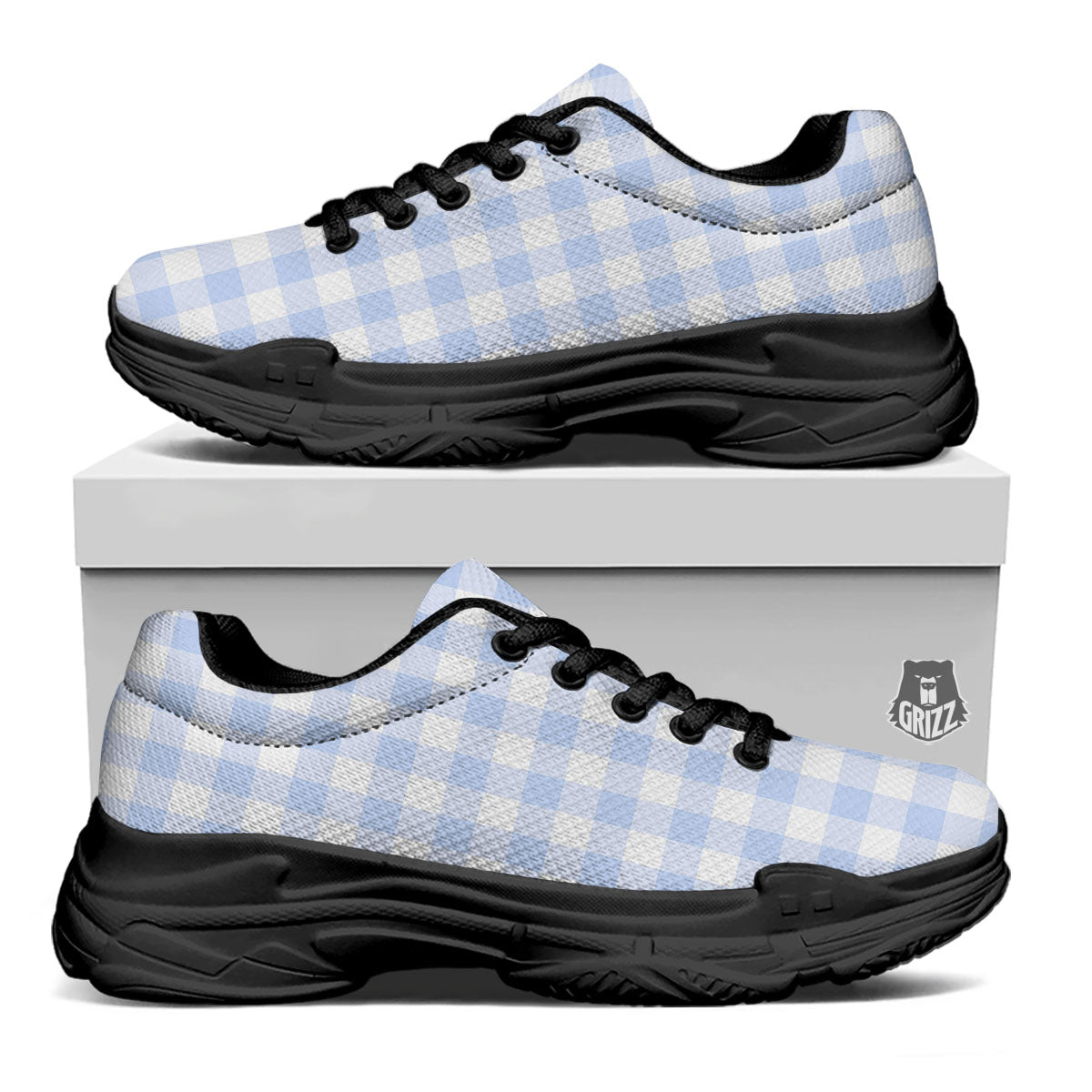 Blue Cornflower And White Gingham Print Black Chunky Shoes-grizzshop