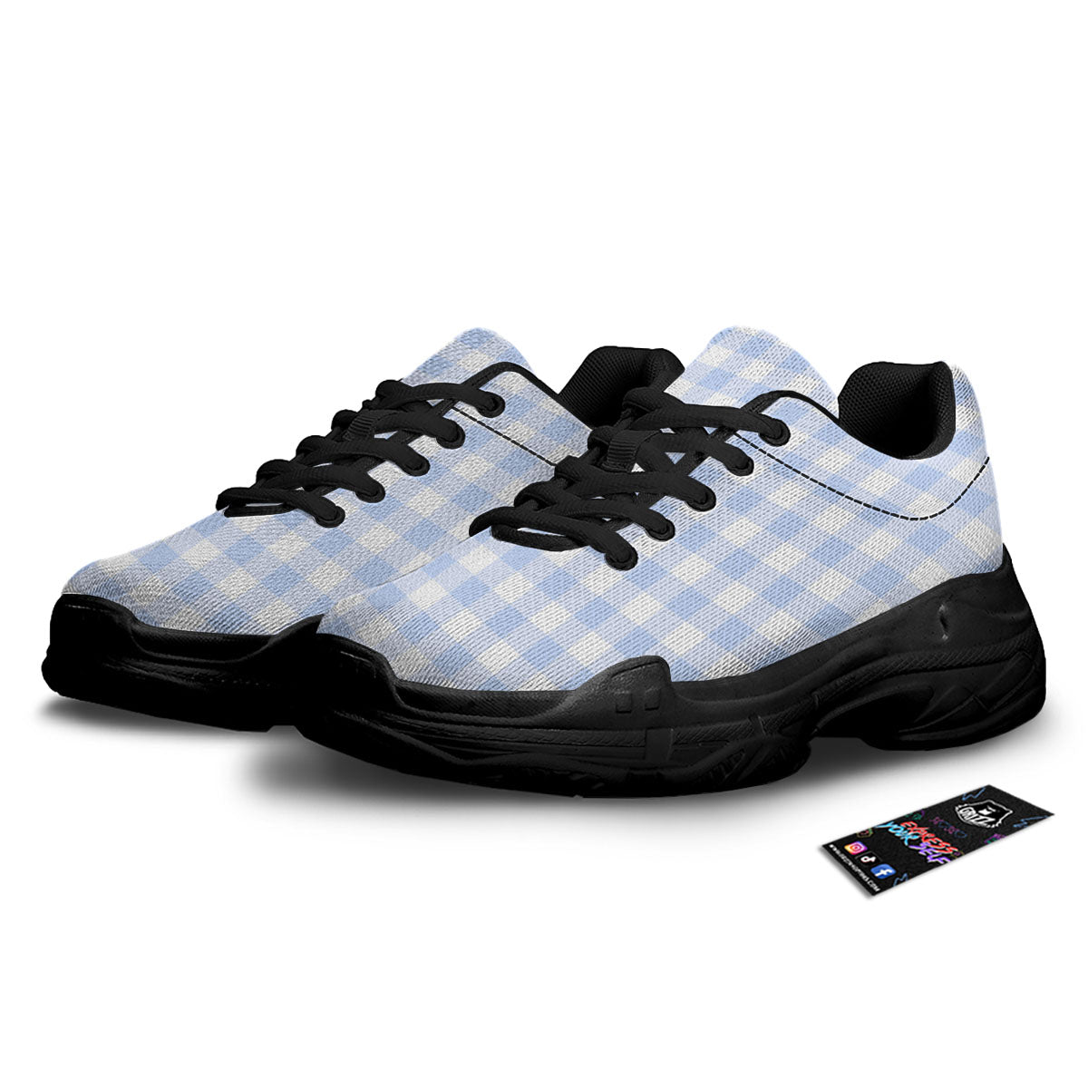 Blue Cornflower And White Gingham Print Black Chunky Shoes-grizzshop