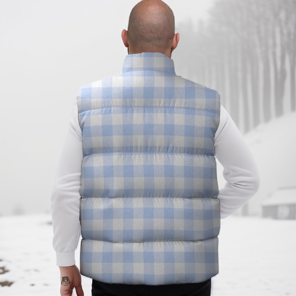 Blue Cornflower And White Gingham Print Down Vest-grizzshop