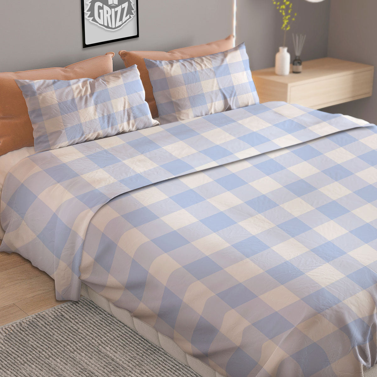 Blue Cornflower And White Gingham Print Duvet Cover Bedding Set-grizzshop