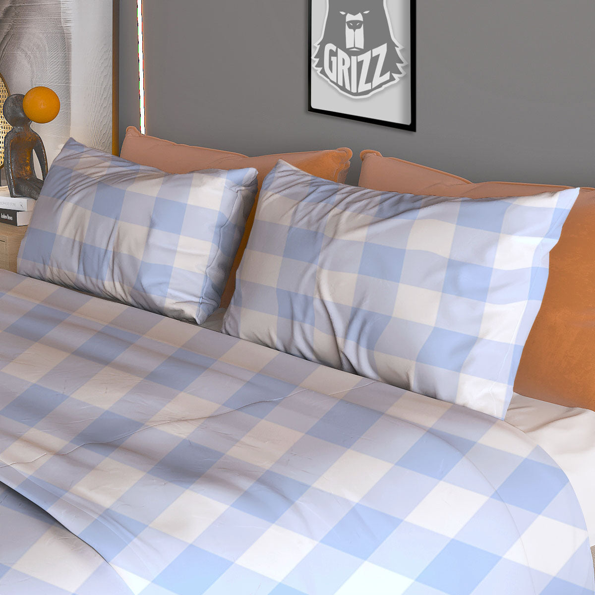 Blue Cornflower And White Gingham Print Duvet Cover Bedding Set-grizzshop